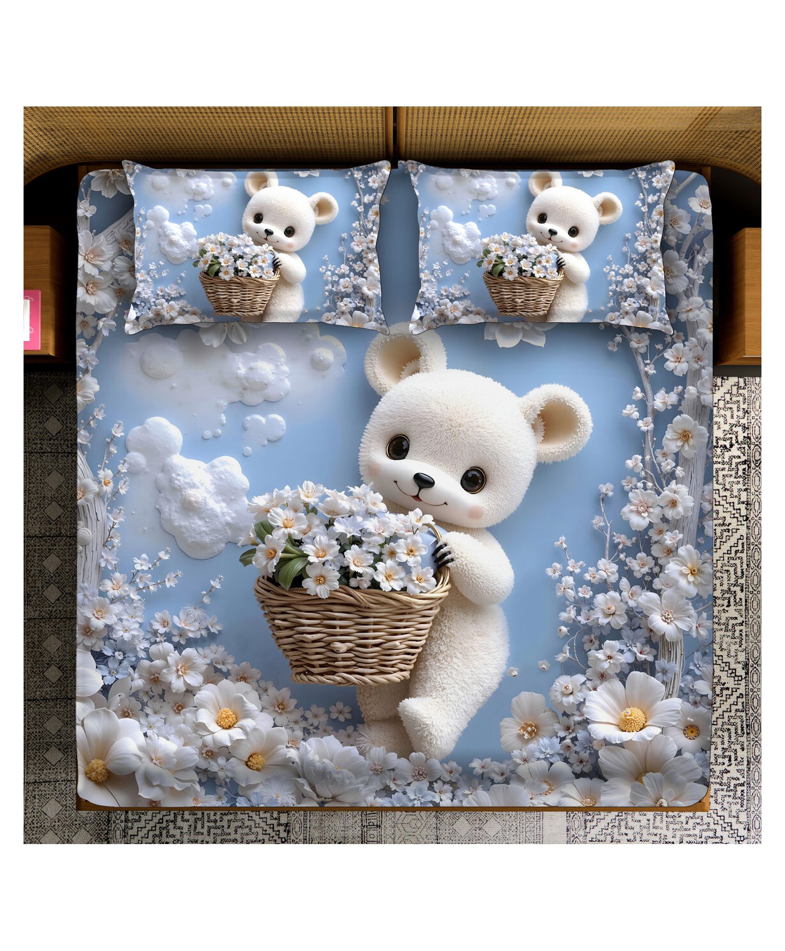 BHAIJI BEDSHEETS 220TC Glace Cotton Bed Sheet Double Bed With 2 Pillow Covers Full HD Digital Prints - Blue Teddy With Flowers-image-13