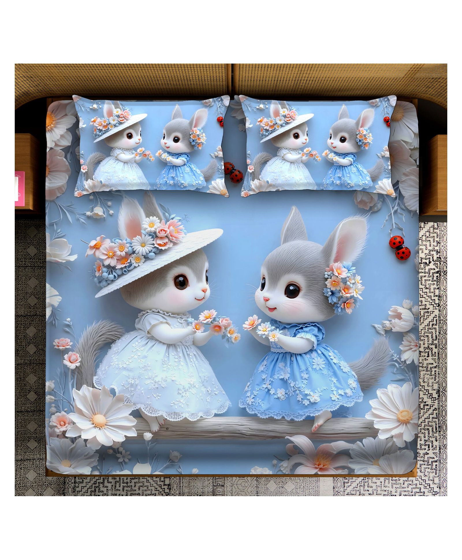 BHAIJI BEDSHEETS 220TC Glace Cotton Bed Sheet Double Bed With 2 Pillow Covers Full HD Digital Prints - Rabbit Pairs-image-13
