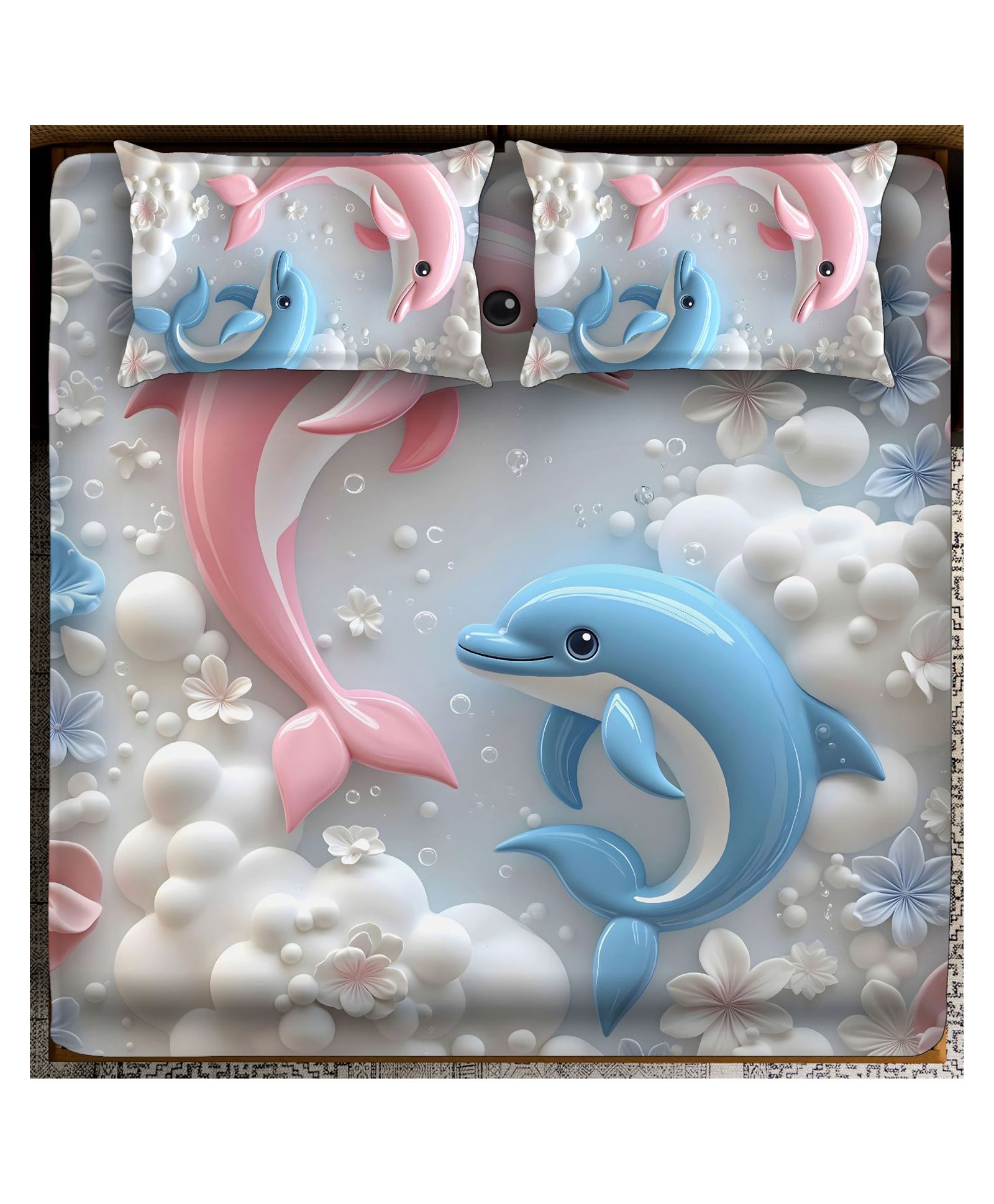 BHAIJI BEDSHEETS 220TC Glace Cotton Bed Sheet Double Bed With 2 Pillow Covers Full HD Digital Prints - Dolphin Fish-image-28