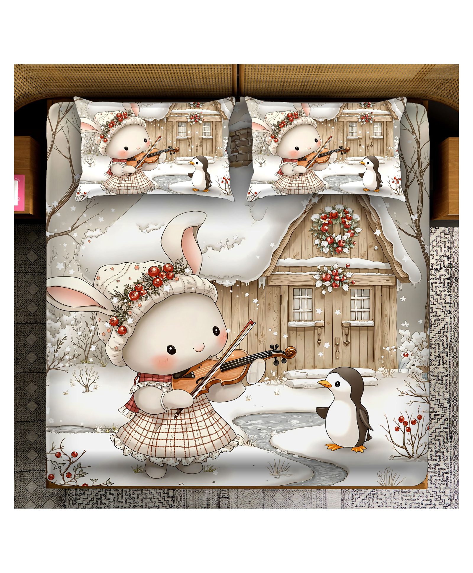 BHAIJI BEDSHEETS 220TC Glace Cotton Bed Sheet Double Bed With 2 Pillow Covers Full HD Digital Prints - Rabbit Plaing Violin-image-24
