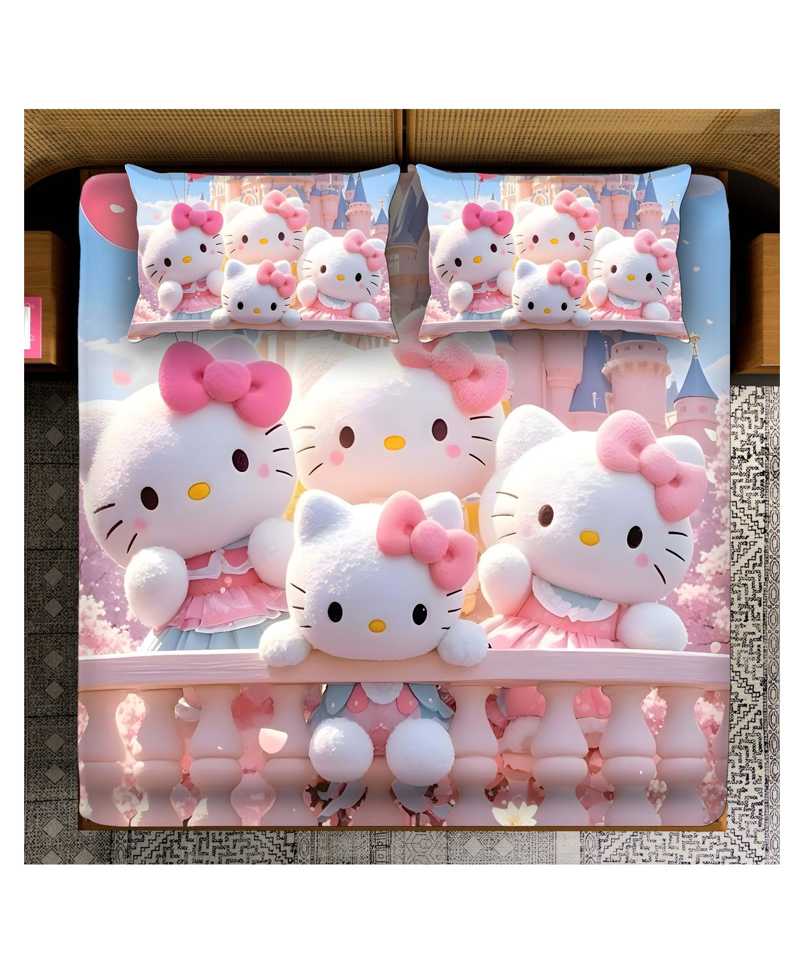 BhaiJi Bedsheets 220TC Glace Cotton Bed Sheet Double Bed With 2 Pillow Covers Full HD Digital Prints - Hello Kitty