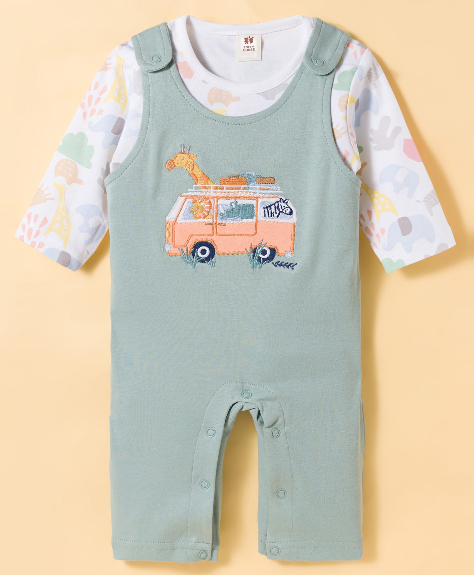 ToffyHouse Interlock Knit Dungaree with Full Sleeves Inner Tee Animal Print & Embroidery - Mint & White-image-33