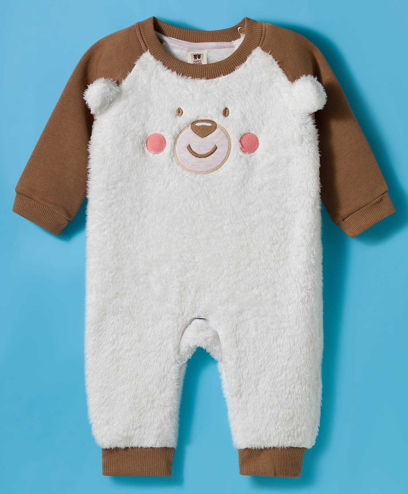 ToffyHouse Interlock Knit Full Raglan Sleeves Romper with Bear Embroidery - White-picture-24