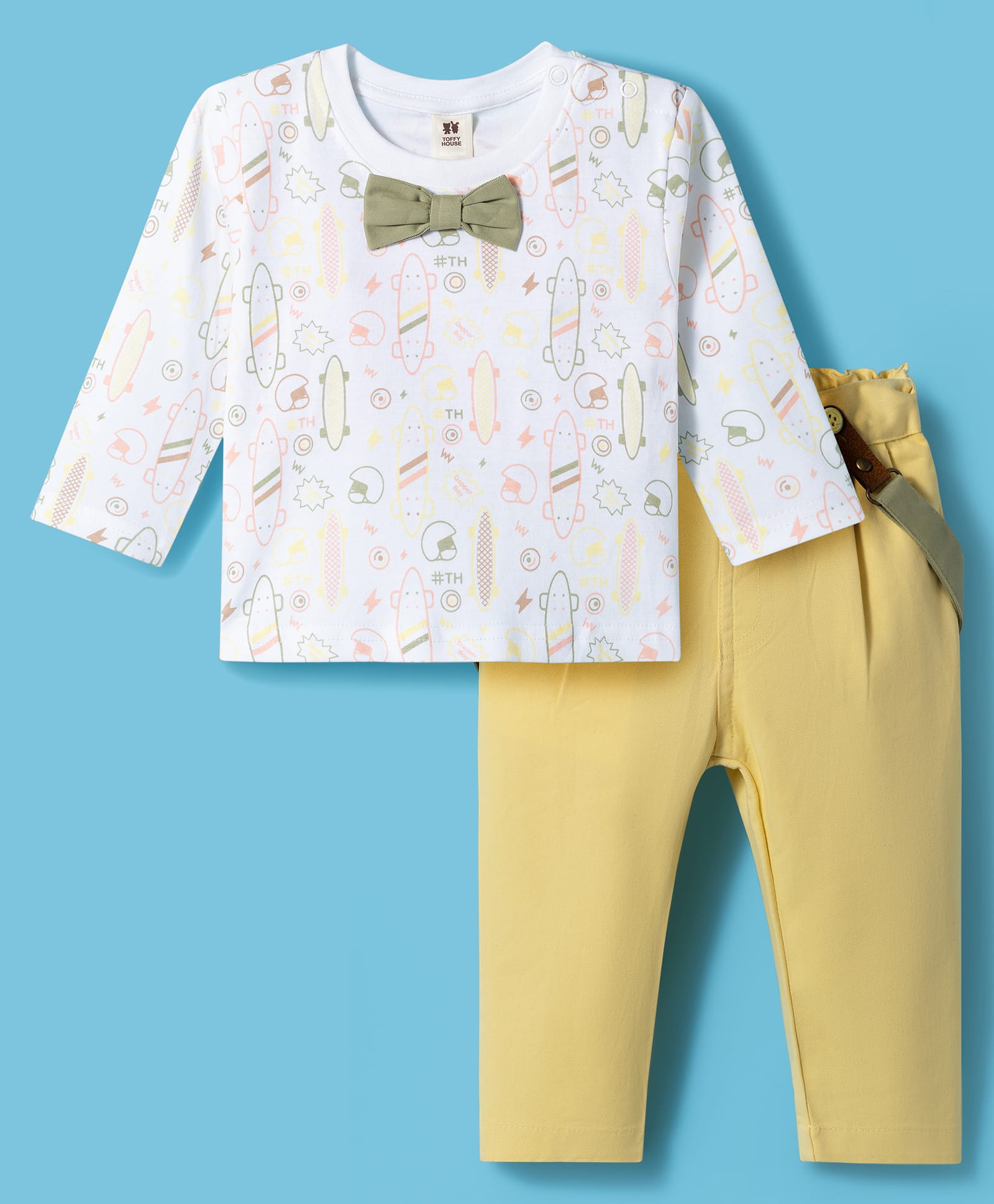 ToffyHouse Interlock Knit to Woven Full Sleeves Skating Theme Printd T-Shirt & Trouser Set with Bow & Suspender - White & Yellow-picture-49