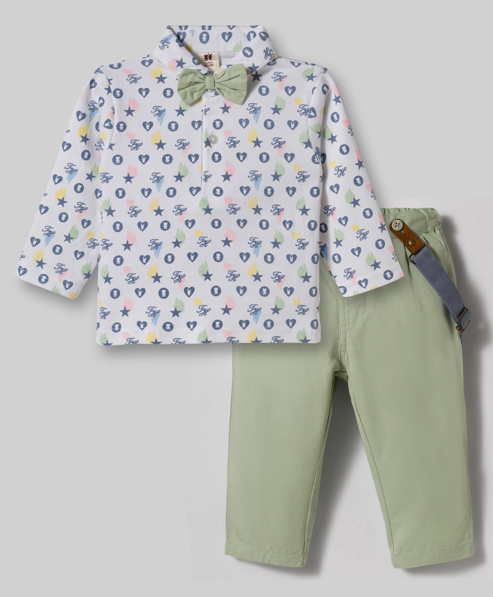 ToffyHouse Interlock Knit Full Sleeves Printed Party Shirt & Trouser Set With Bow & Suspender - White-picture-24
