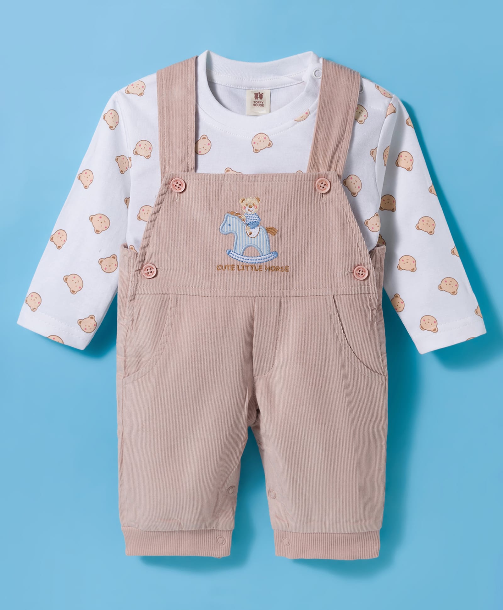 ToffyHouse Interlock Knit Dungaree with Full Sleeves Inner Tee Bear Print & Embroidery - Peach & White-image-39