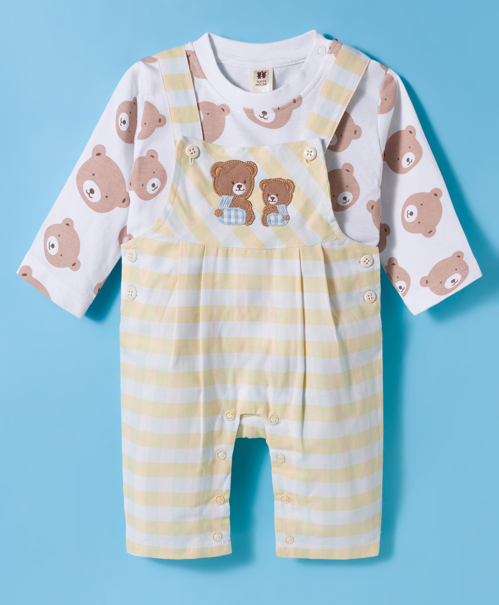 ToffyHouse Interlock Knit Checkered Dungaree with Full Sleeves Inner Tee Bear Print & Embroidery - Yellow & White-picture-17