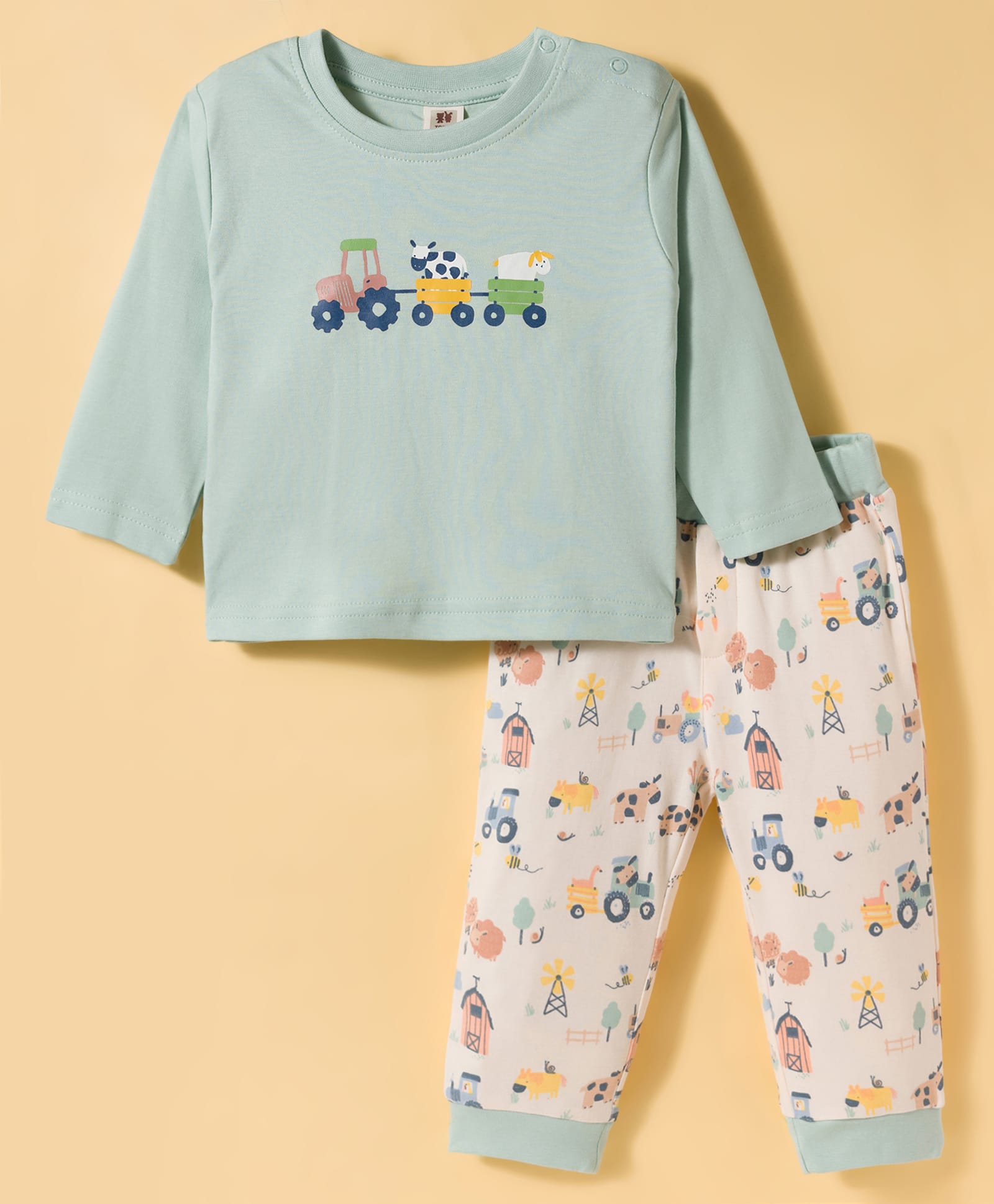 ToffyHouse Interlock Knit Full Sleeves T-Shirt Style & Lounge Pant Night Suit With Vehicle Print - Sea Green-picture-12