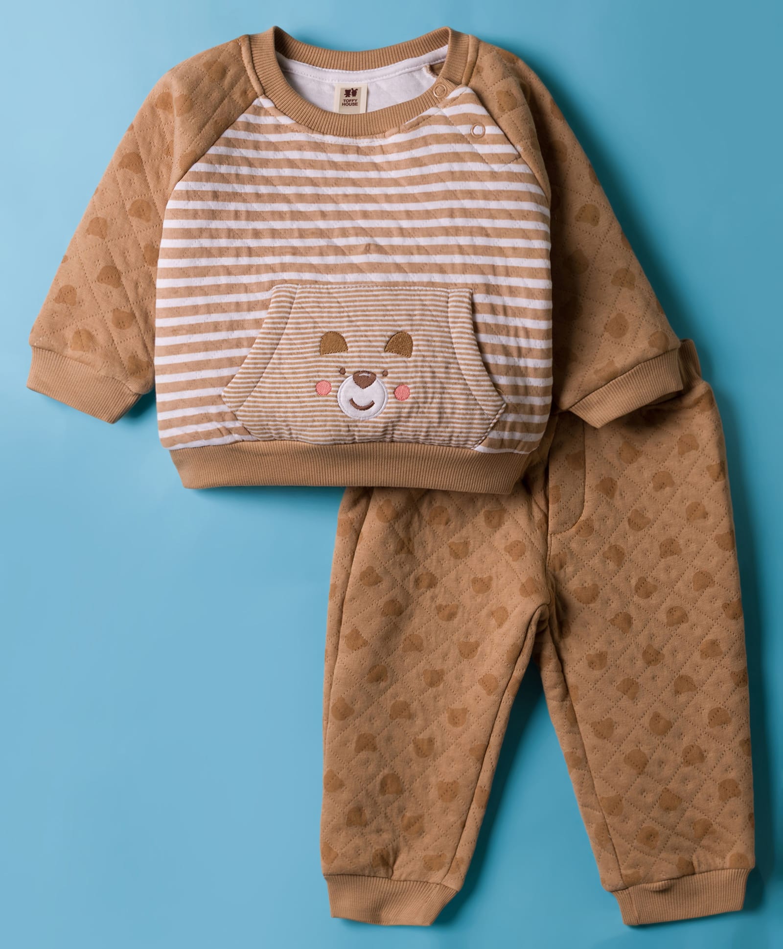 ToffyHouse Interlock Knit Full Raglan Sleeves T-Shirt Style & Lounge Pant Night Suit With Bear Embroidery - Brown-picture-3