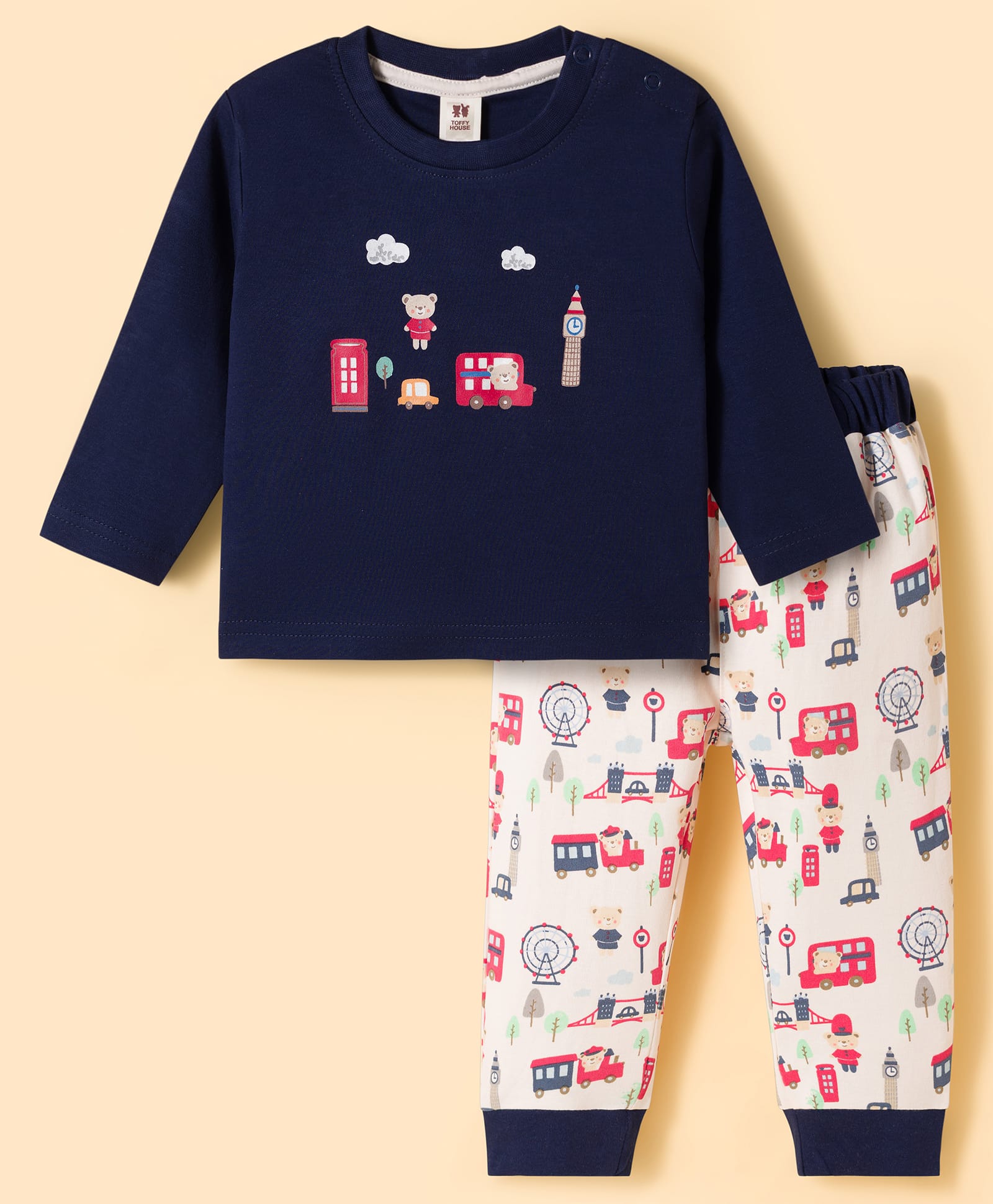 ToffyHouse Interlock Knit Full Sleeves T-Shirt & Lounge Pant Night Suit With Bear Print - Navy Blue-picture-48