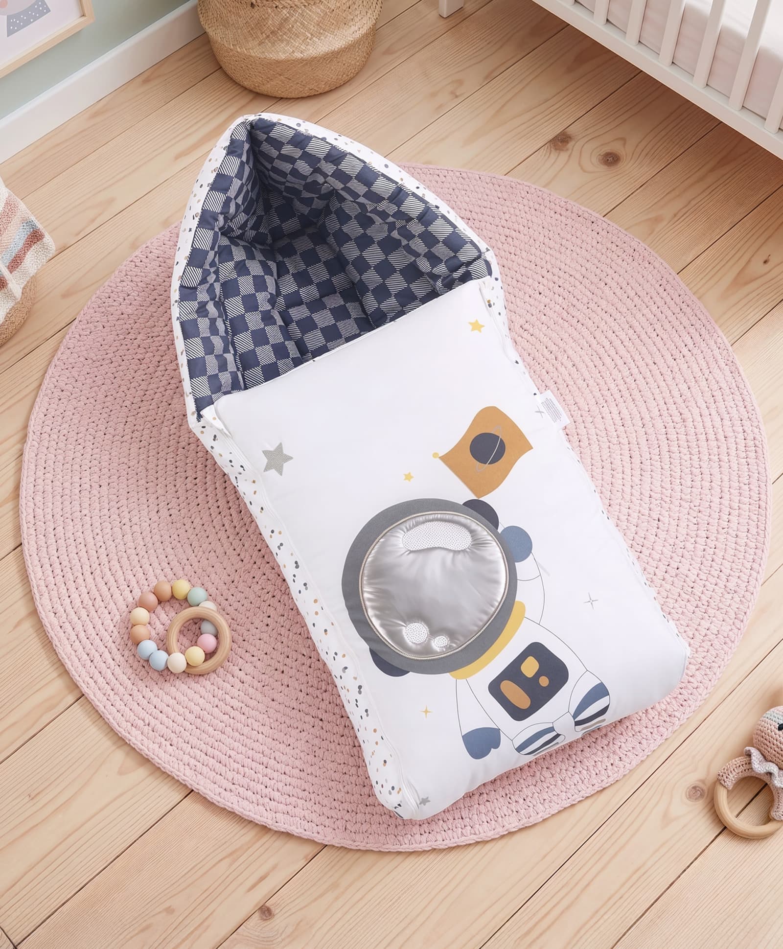 Babyhug Premium 100% Cotton Portable Sleeping Bag Space Theme - White| Breathable & Skin Friendly| Use as Mattress or Carry Nest| Durable Zipper| Travel Friendly| New Born Essential & Gifting Option-image-7