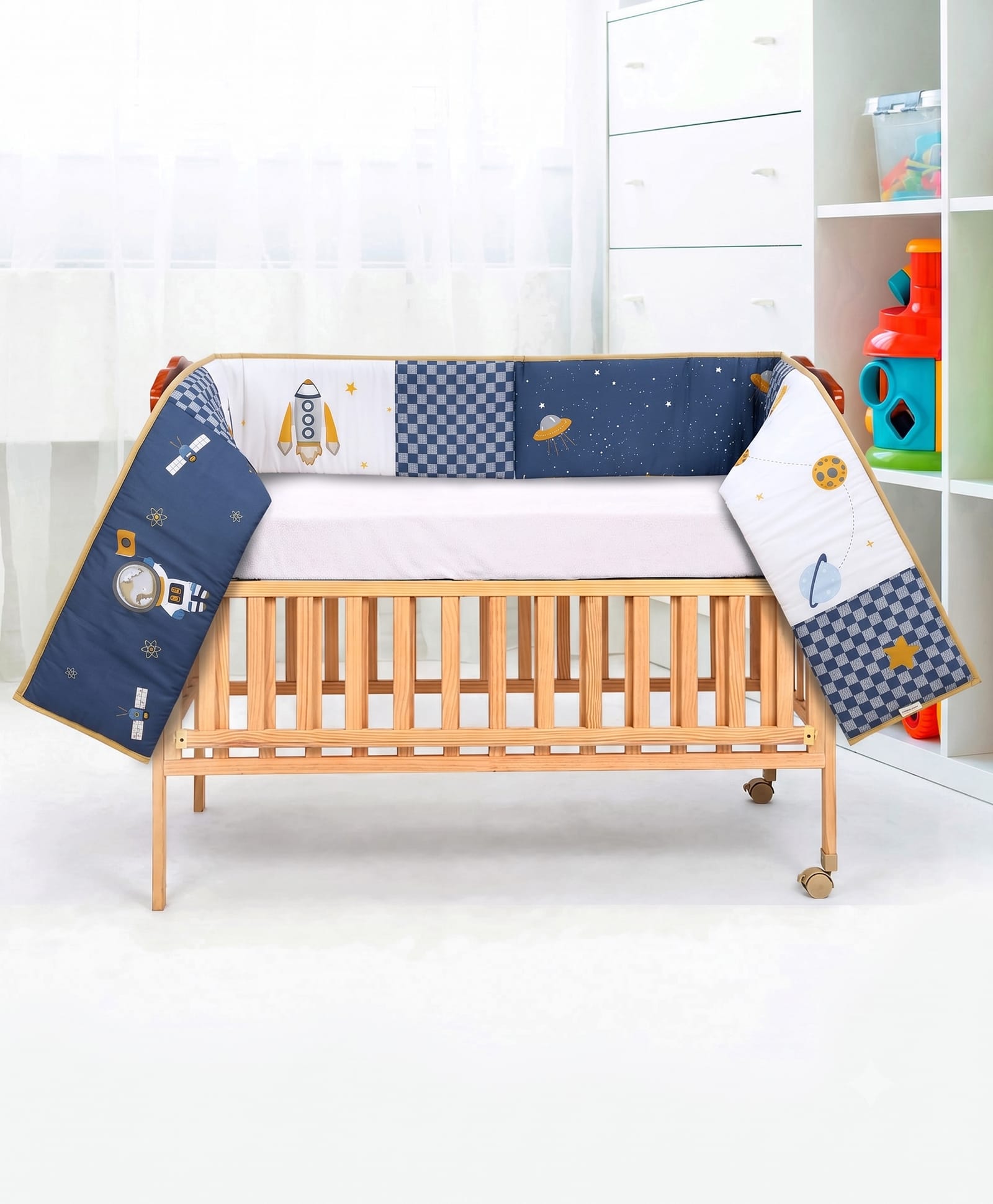 Babyhug Premium 100% Cotton Crib Bed Bumper Regular Size - Space Theme - Navy| Soft Breathable Cot Protector| Full Cot Side Safety Guard with Secure Ties| Lightweight & Washable| L 360 x H 25 cm-image-3