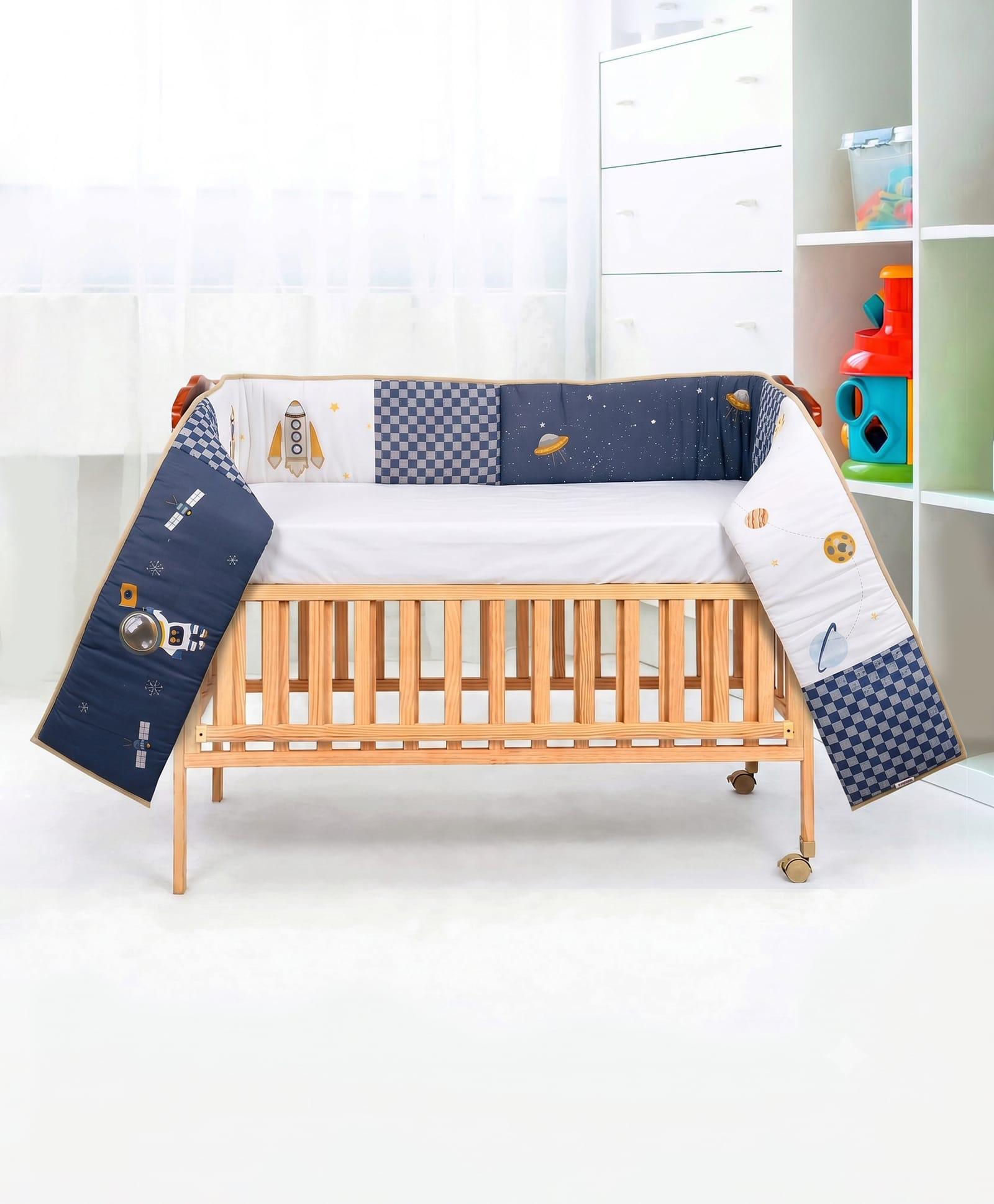 Babyhug Premium 100% Cotton Crib Bed Bumper Large Size - Space Theme - Navy| Soft Breathable Cot Protector| Full Crib Side Safety Guard with Secure Ties| Lightweight & Washable| 400 x H 25 cm-image-4