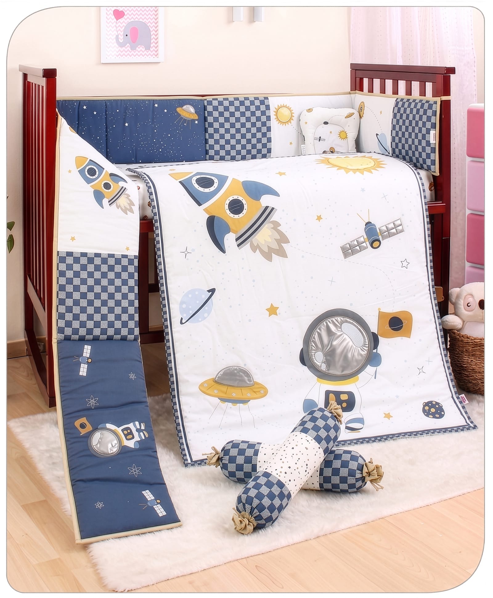 Babyhug Premium 100% Cotton Crib Bedding Set Space 6-Piece Bedding Set| Soft Quilted Bumper, Quilt, Crib Sheet, U-Shaped Pillow & Bolsters-0-3 Years-Breathable Fabric-Neavy-image-46