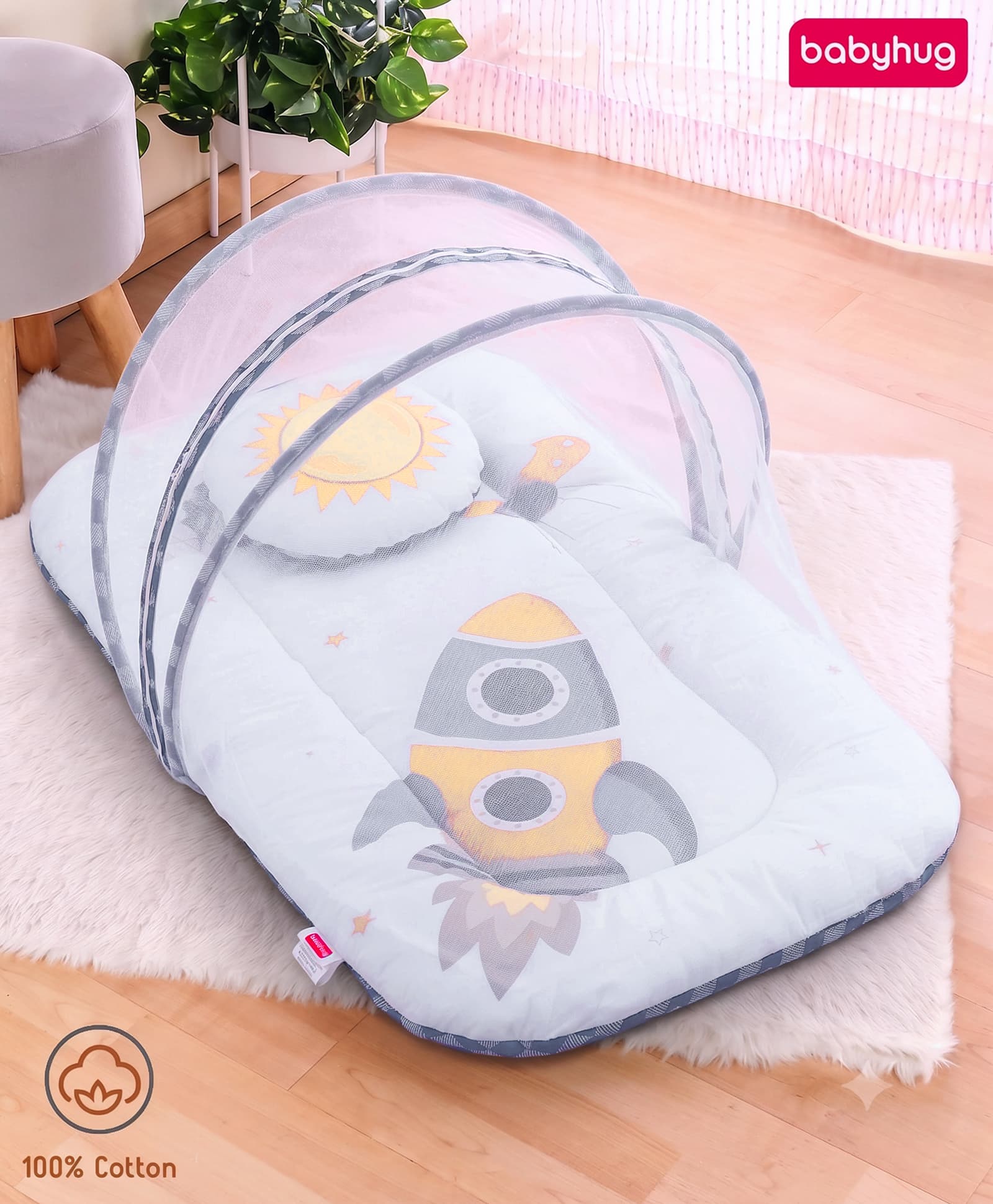 Babyhug Premium 100% Cotton Mattress Set with Mosquito Net & Head Pillow - Space Theme Blue| Soft Cushioned Bedding| Foldable & Travel-Friendly| 0-12 Months| New Born Essential| Easy Zipper Closure-picture-20
