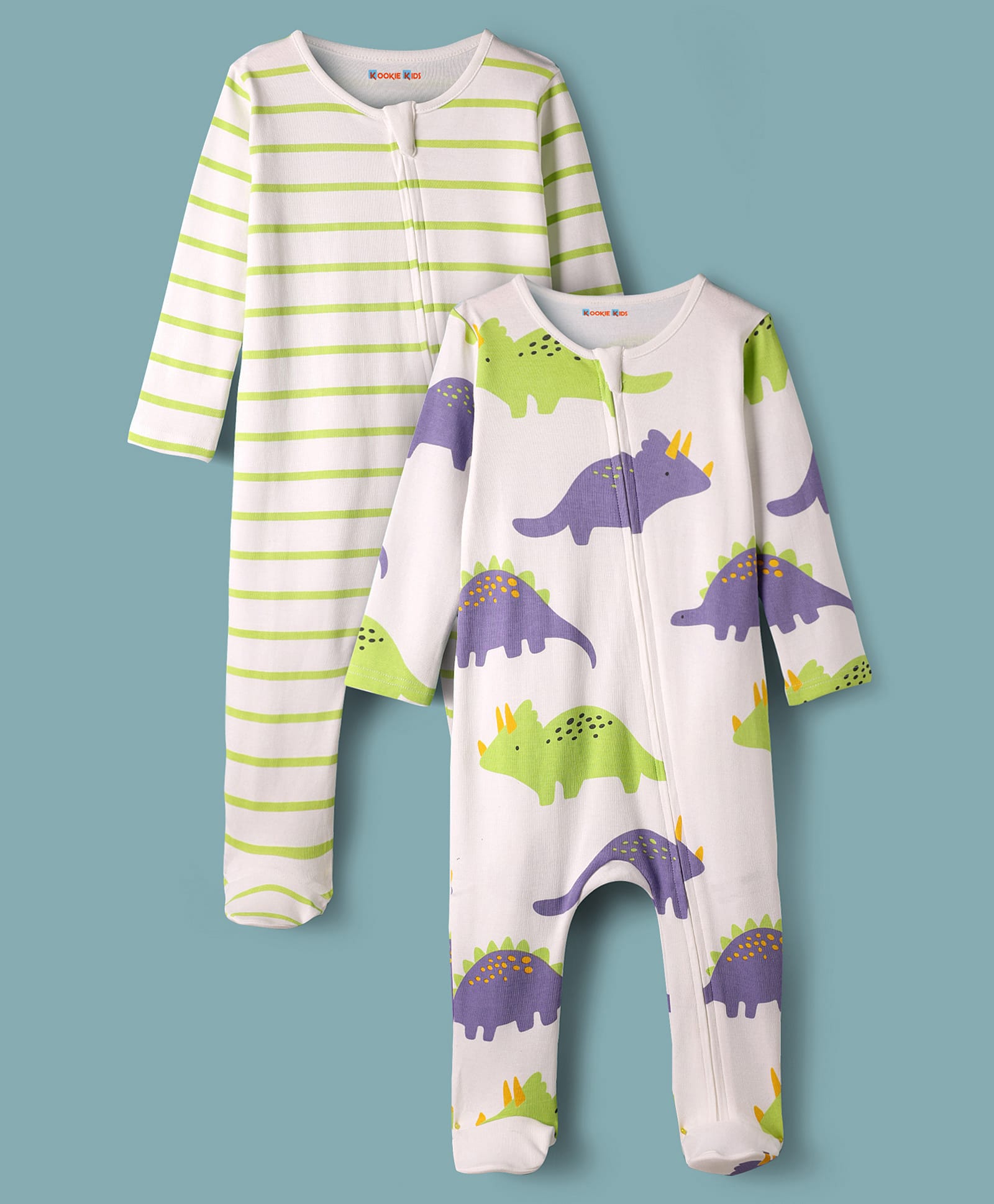 Kookie Kids 100% Cotton Interlock Knit Full Sleeves Striped & Dino Printed Sleep Suits Pack Of 2 - Multicolour-image-17