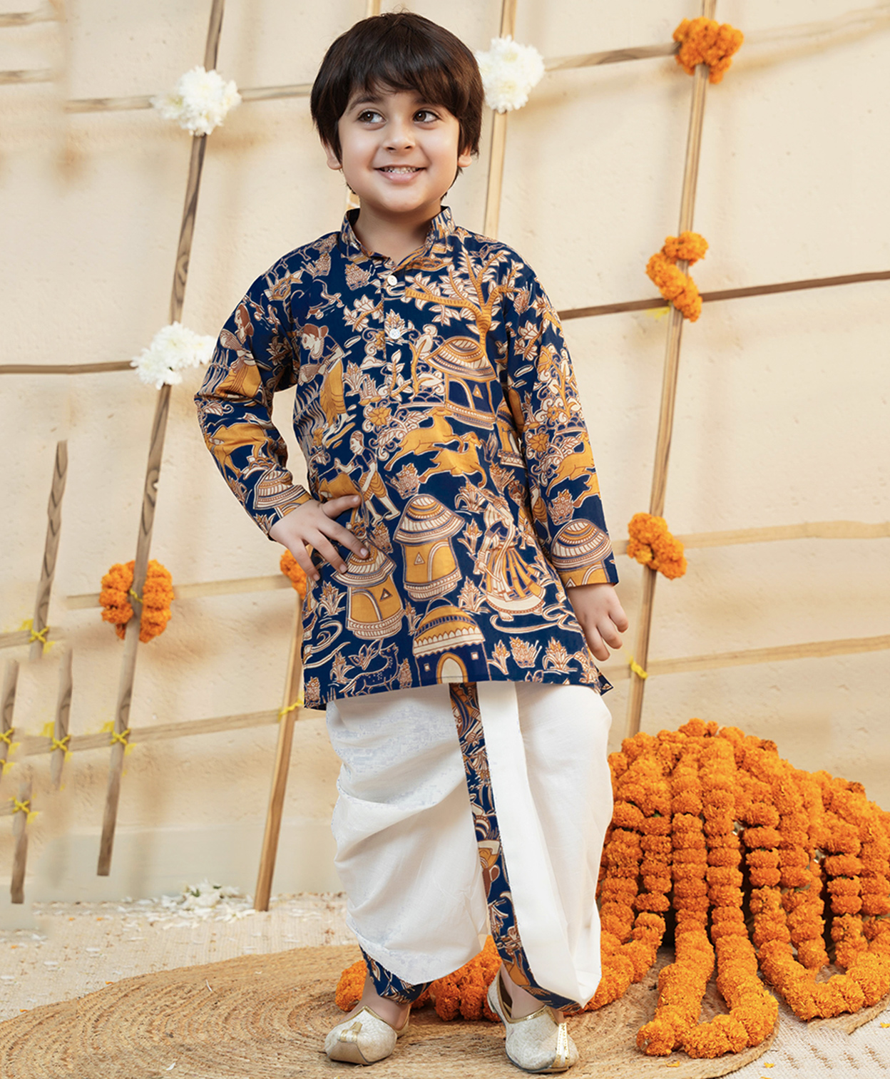AJ Dezines Cotton Woven Full Sleeves Animals & Trees Printed Dhoti Kurta Set - Navy Blue-picture-5