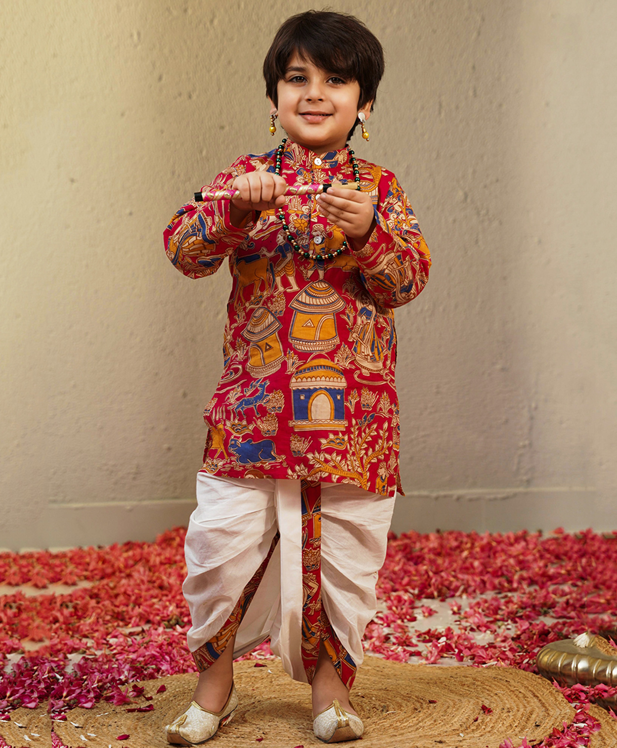 AJ Dezines Cotton Woven Full Sleeves Animals & Trees Printed Dhoti Kurta Set - Red-picture-25