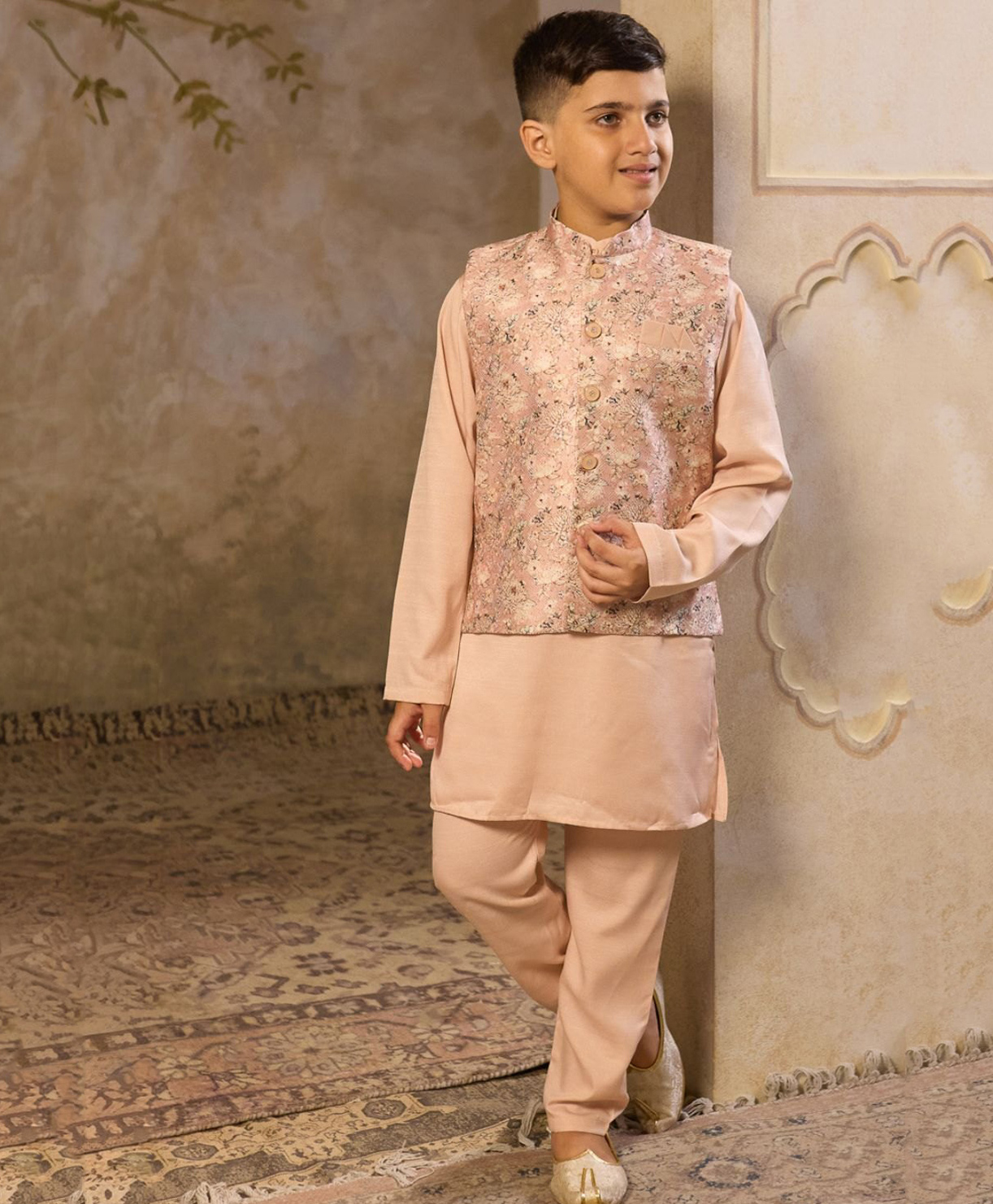 AJ Dezines Cotton Blend Woven Full Sleeves Solid Kurta Pyjama With Floral Printed Jacket Set - Beige-picture-16