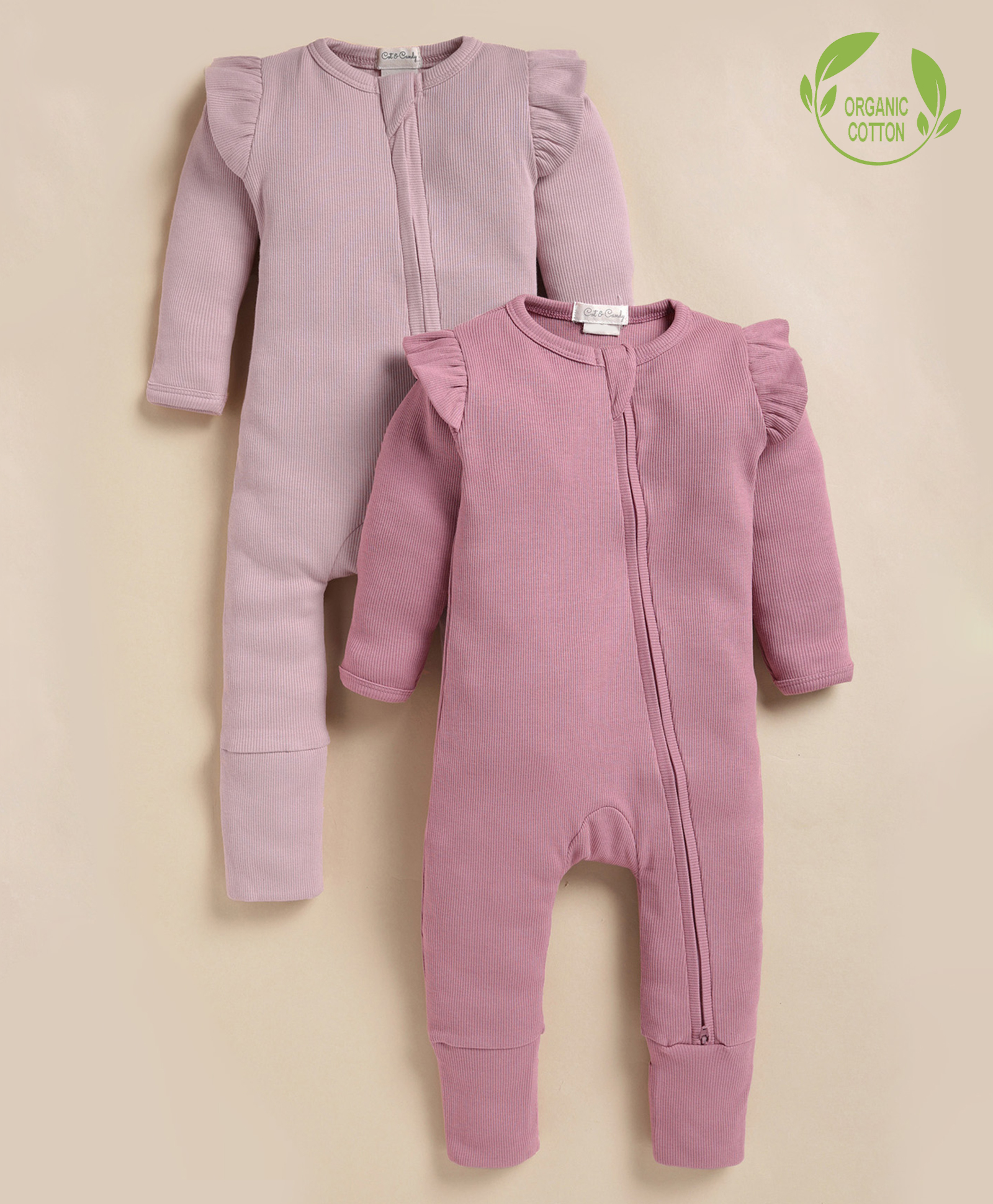 Cot & Candy Organic Cotton Knit Pack Of 2 Full Sleeves Frill Detailed Romper - Pink & Baby Pink-picture-14