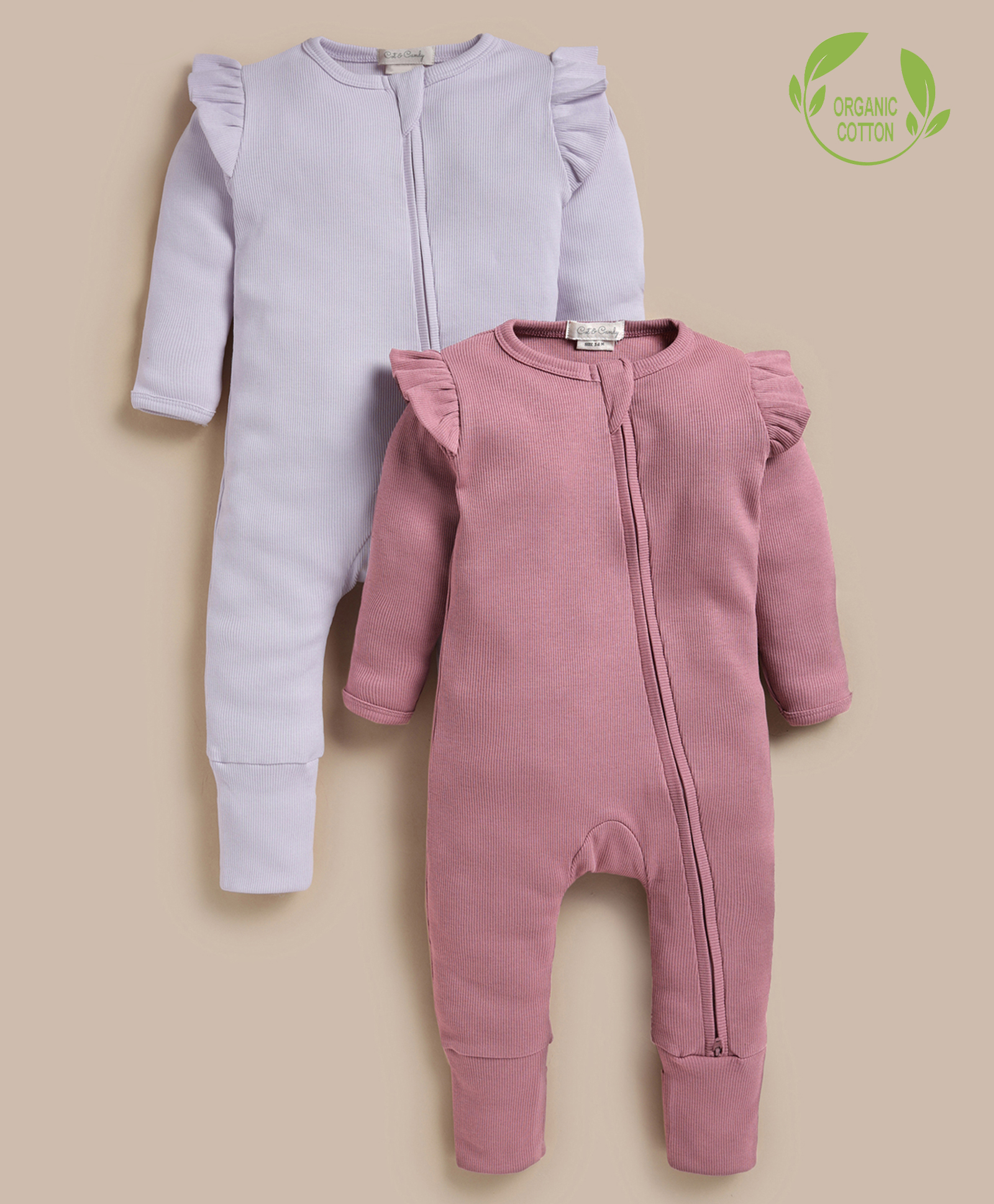 Cot & Candy Organic Cotton Knit Pack Of 2 Full Sleeves Frill Detailed Rompers - Baby Pink & Lavender-picture-24