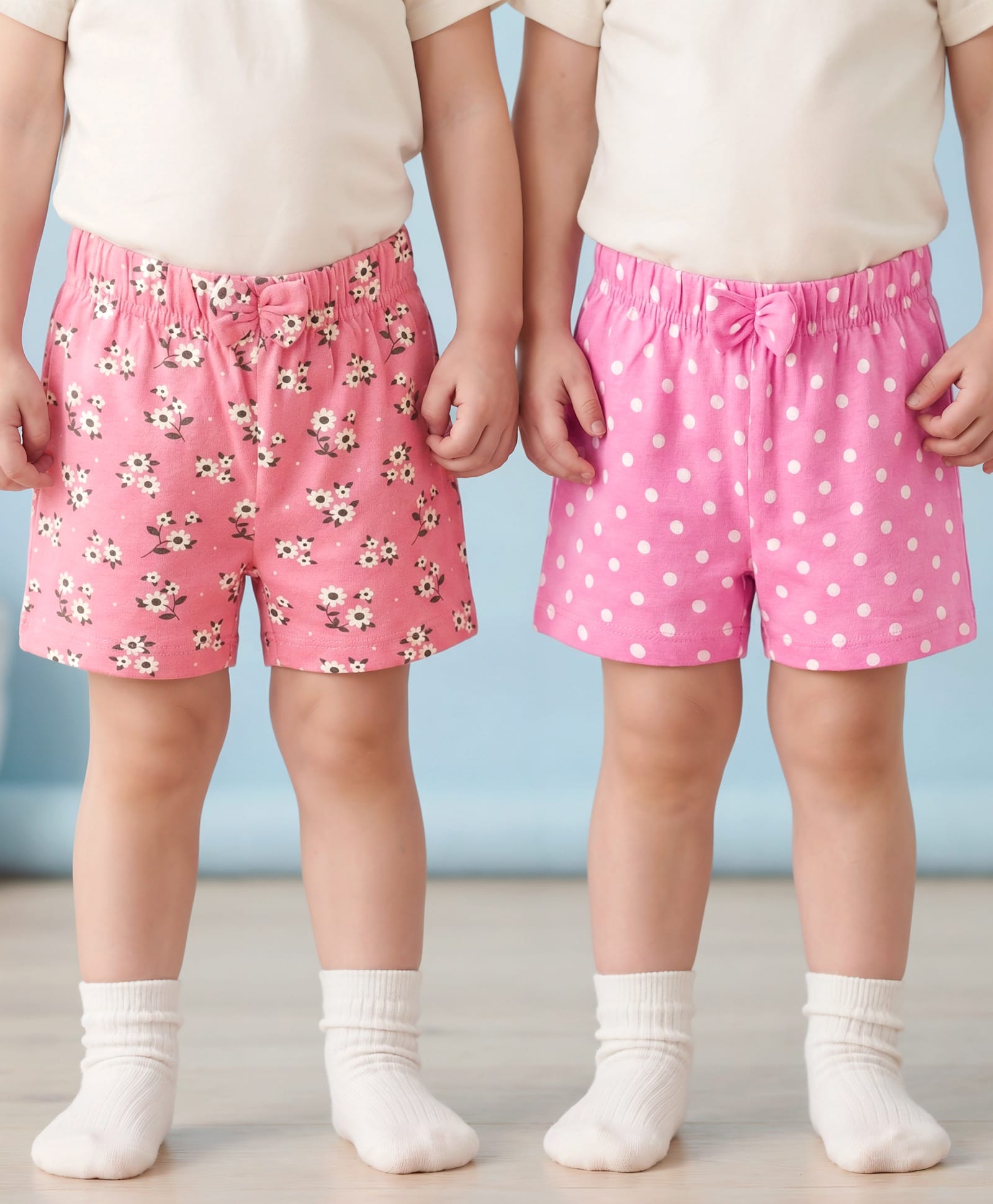 Babyhug Single Jersey Knit Mid Thigh Length Polka Dotted & Floral Printed Shorts with Bow Applique Pack of 2 - Pink-picture-14