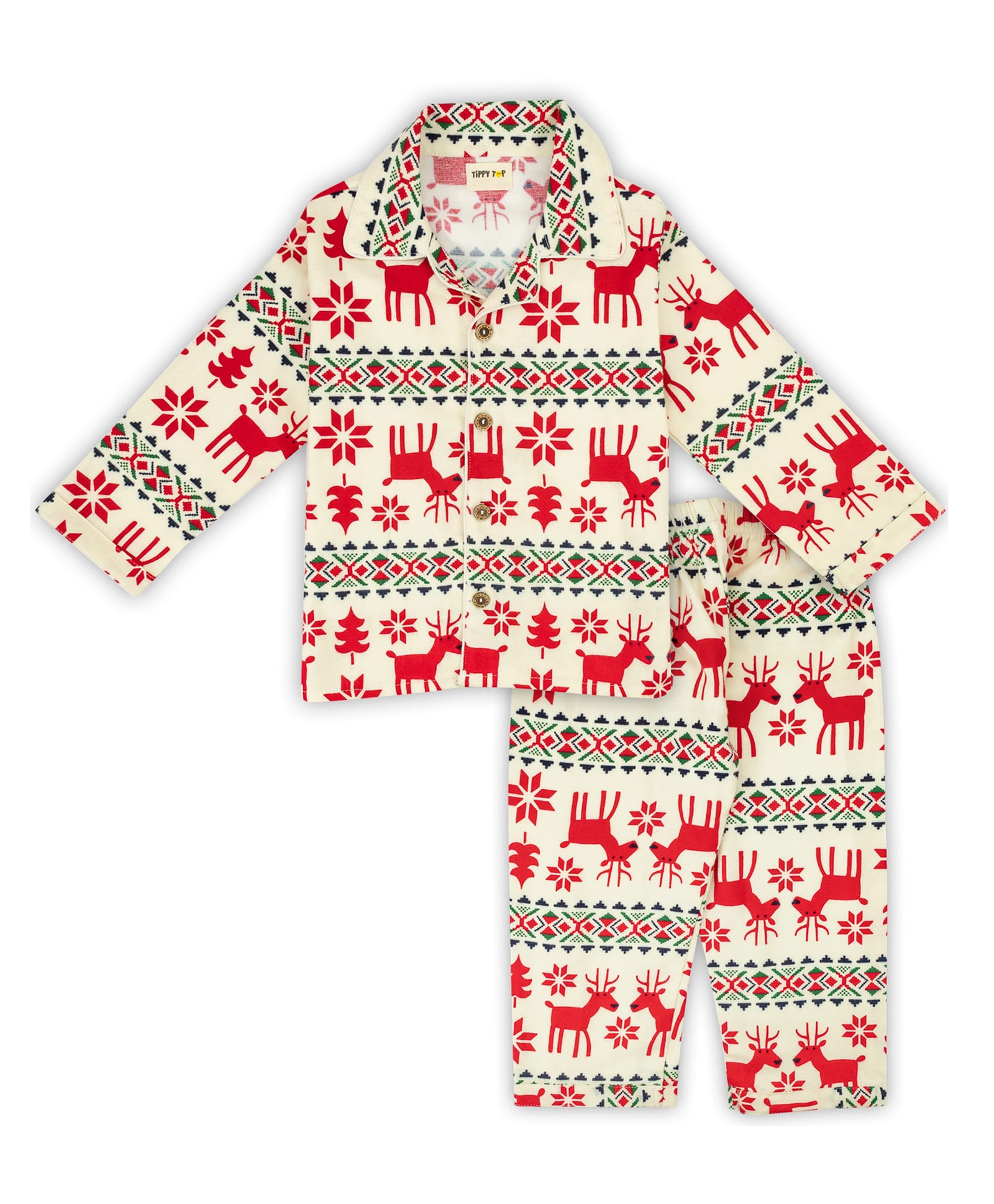 TIPPY TOP Cotton Blend Woven Christmas Theme Full Sleeves Reindeer Printed Coordinating Shirt & Pajama Night Suit Set - Red-picture-25