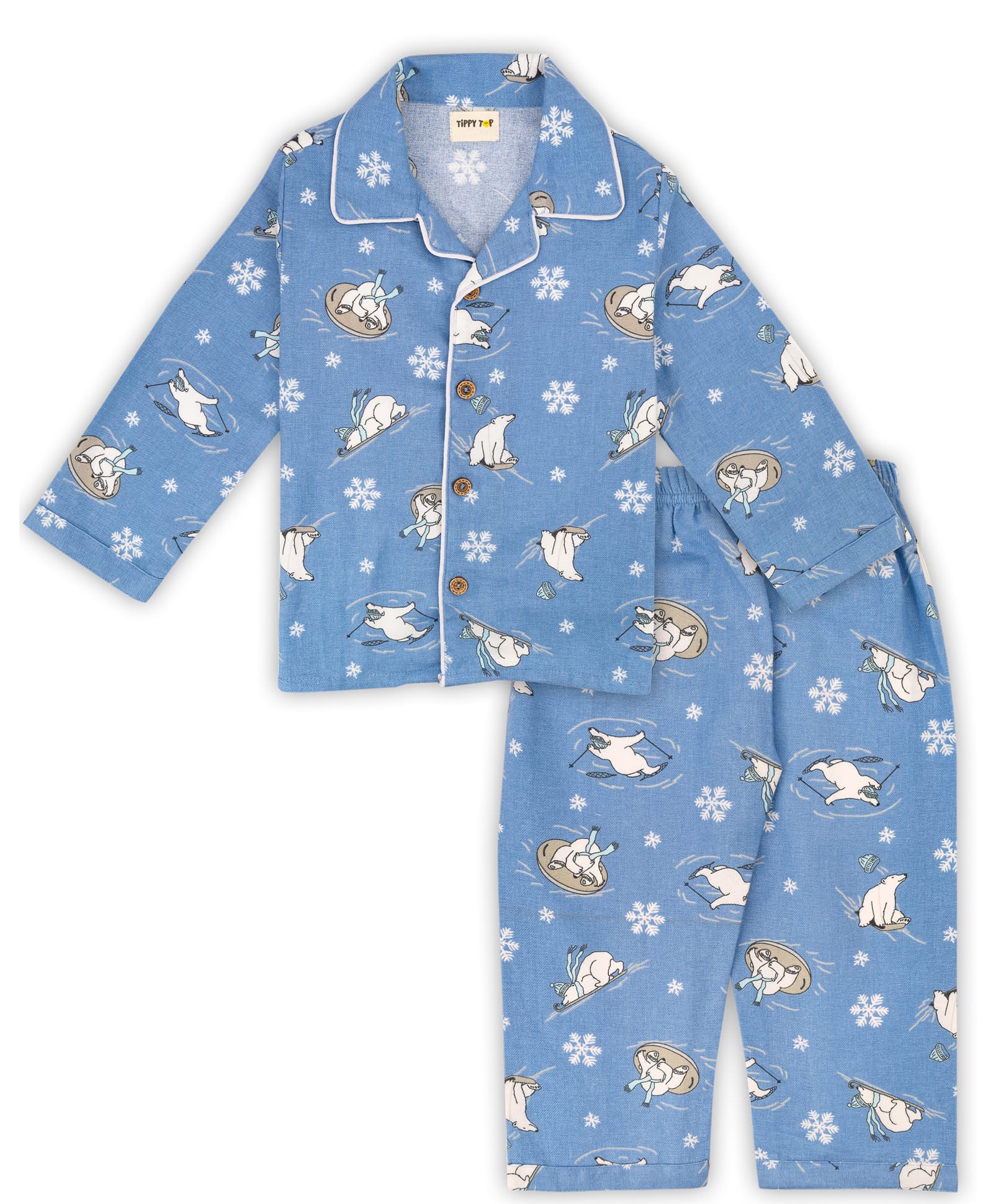 TIPPY TOP Cotton Blend Woven Christmas Theme Full Sleeves Polar Bear & Snow Flakes Printed Coordinating Shirt & Pajama Night Suit Set - Blue-picture-20