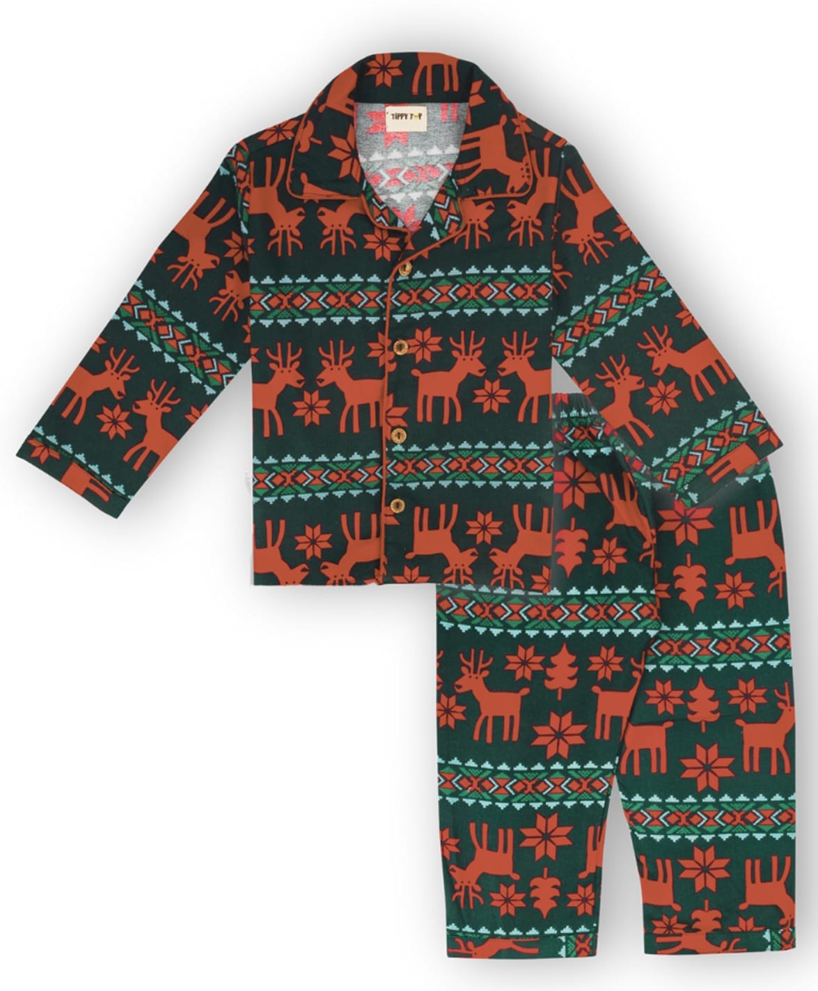 TIPPY TOP Cotton Blend Woven Christmas Theme Full Sleeves Reindeer & Snow Flakes Printed Coordinating Shirt & Pajama Night Suit Set - Dark Green-picture-13