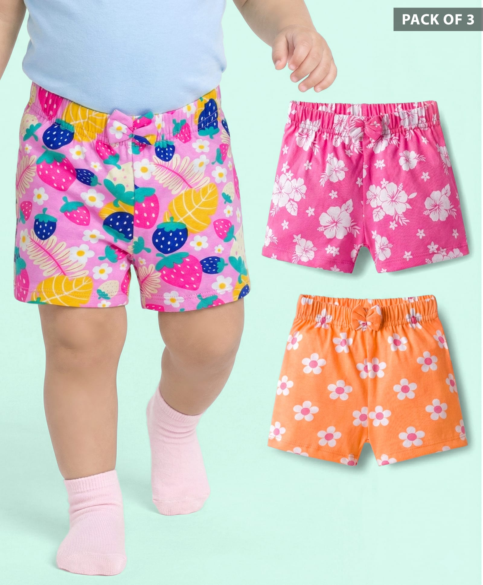 Babyhug Single Jersey Knit Mid Thigh Shorts With Floral Print Pack Of 3 - Pink Orange & Fuchsia-picture-27