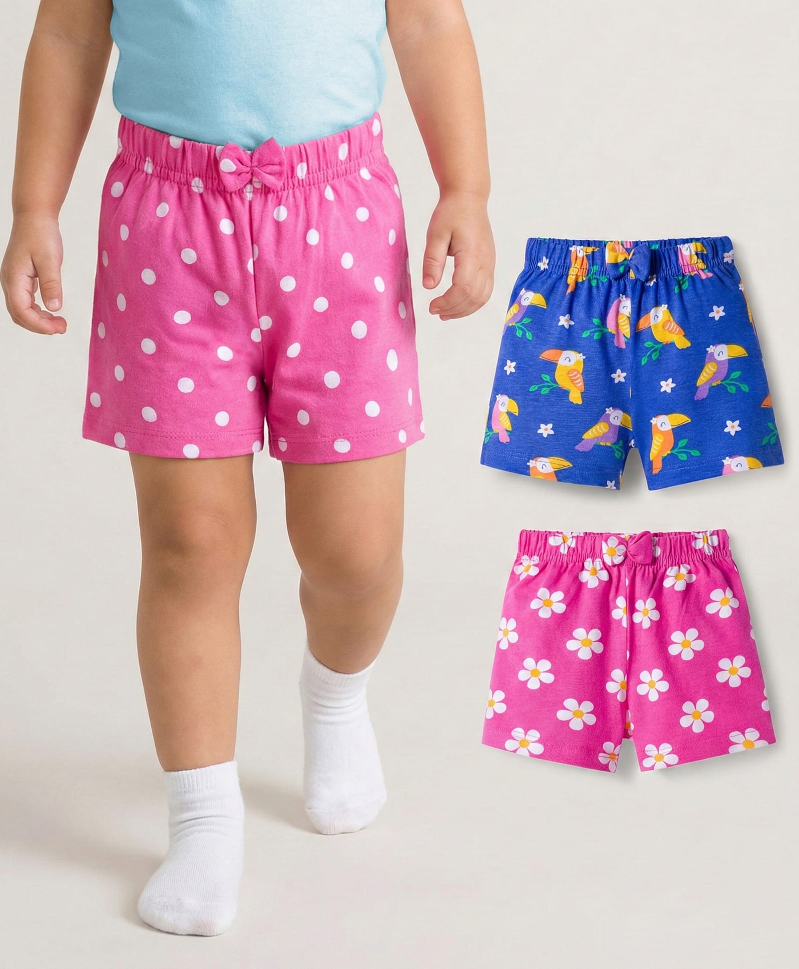 Babyhug Single Jersey Knit Mid Thigh Shorts With Floral Bird & Polka Dot Print Pack of 3 - Pink & Blue-picture-18
