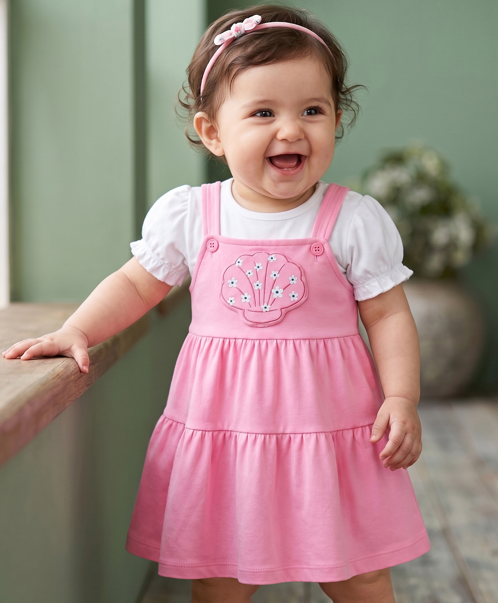 Babyoye Cotton Knit Frock With Inner Tee Half Sleeves Floral Print Pink/White 0-3 Months-picture-44