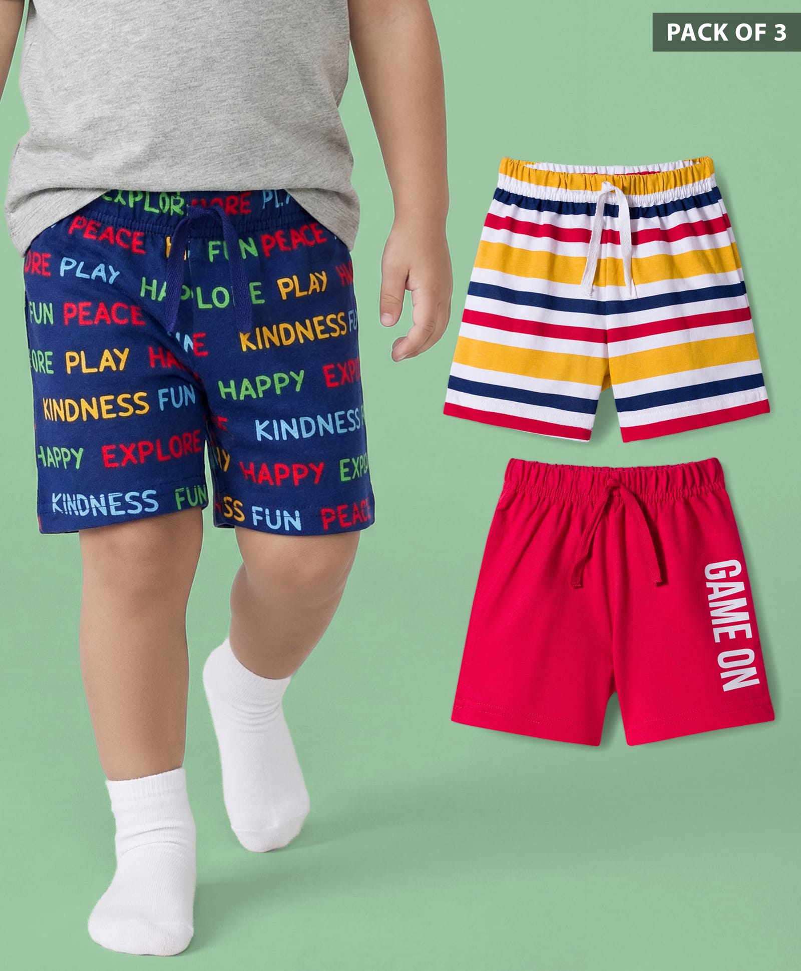 Babyhug Single Jersey Knit Mid Thigh Striped & Text Printed Shorts Pack of 3 - Red Navy Blue & White-image-34