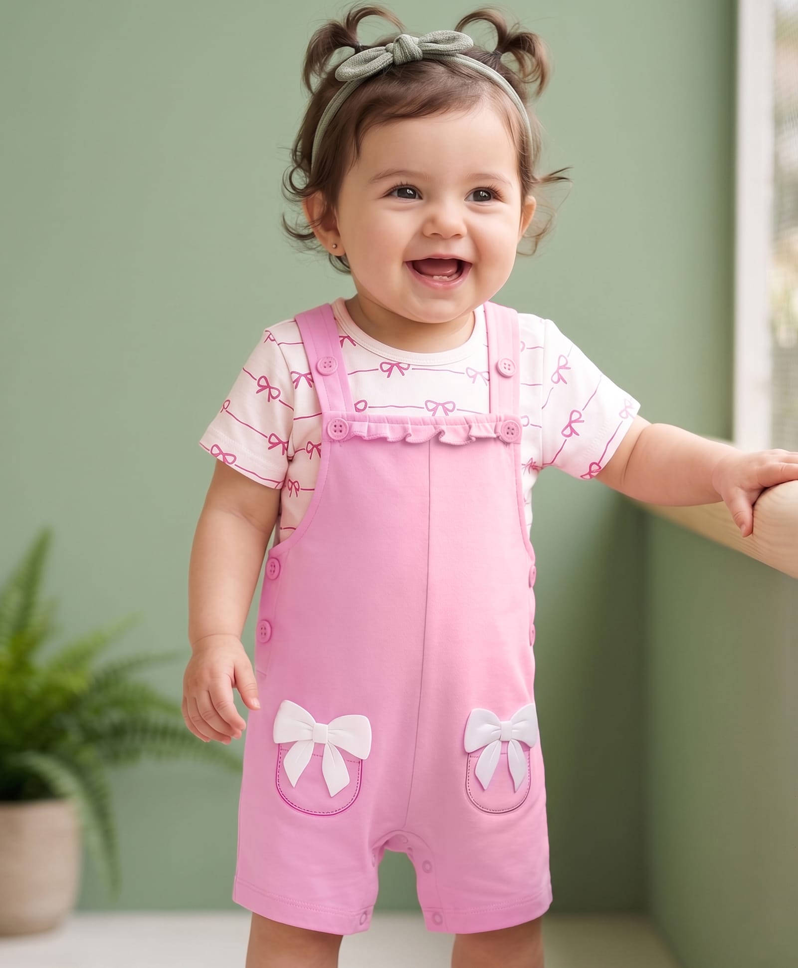 Babyoye 100% Cotton Interlock Knit Eco Conscious Dungaree & Half Sleeves T-Shirt With Eco Jiva Finish & Bow Print & Applique - Pink-image-24