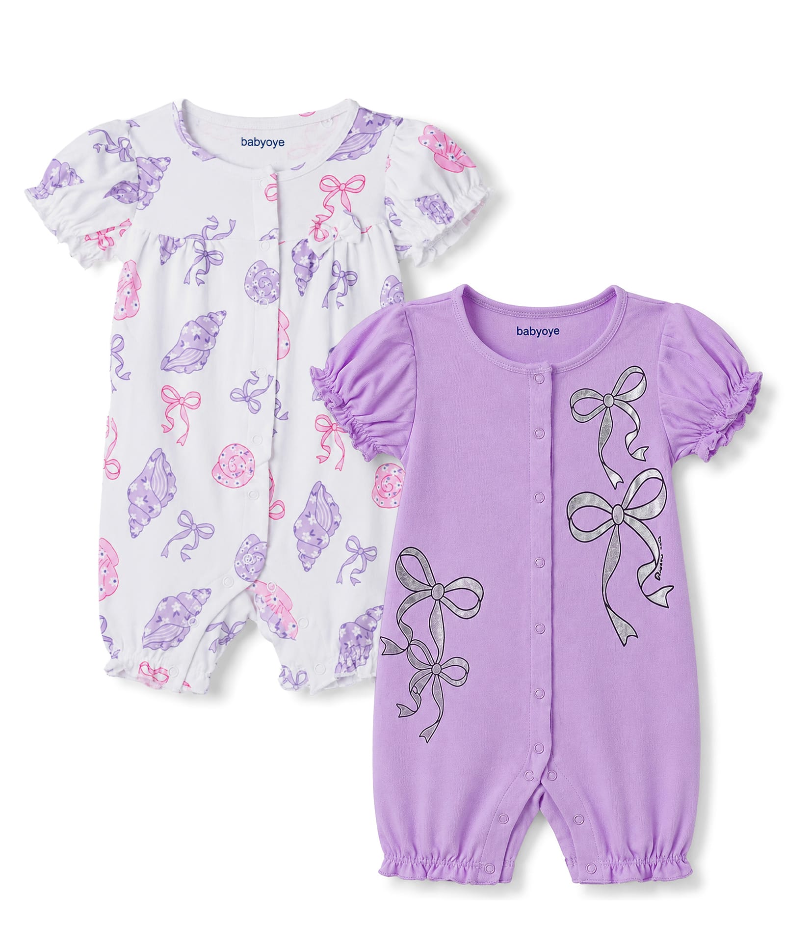 Babyoye 100% Cotton Interlock Knit Half Sleeves Eco Conscious Rompers With Eco Jiva Finish Sea Shell & Bow Print Pack of 2 - Purple-image-27