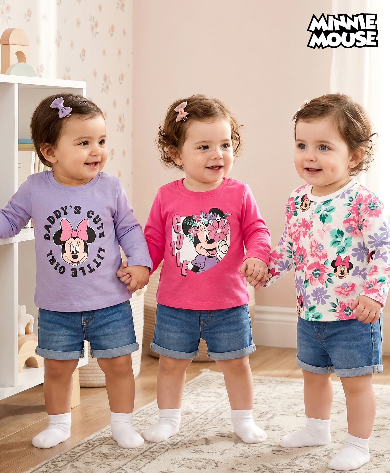Babyhug Disney Single Jersey Knit Full Sleeves T-Shirts with Minnie Mouse Graphic Pack of 3 - Pink White & Lavender
