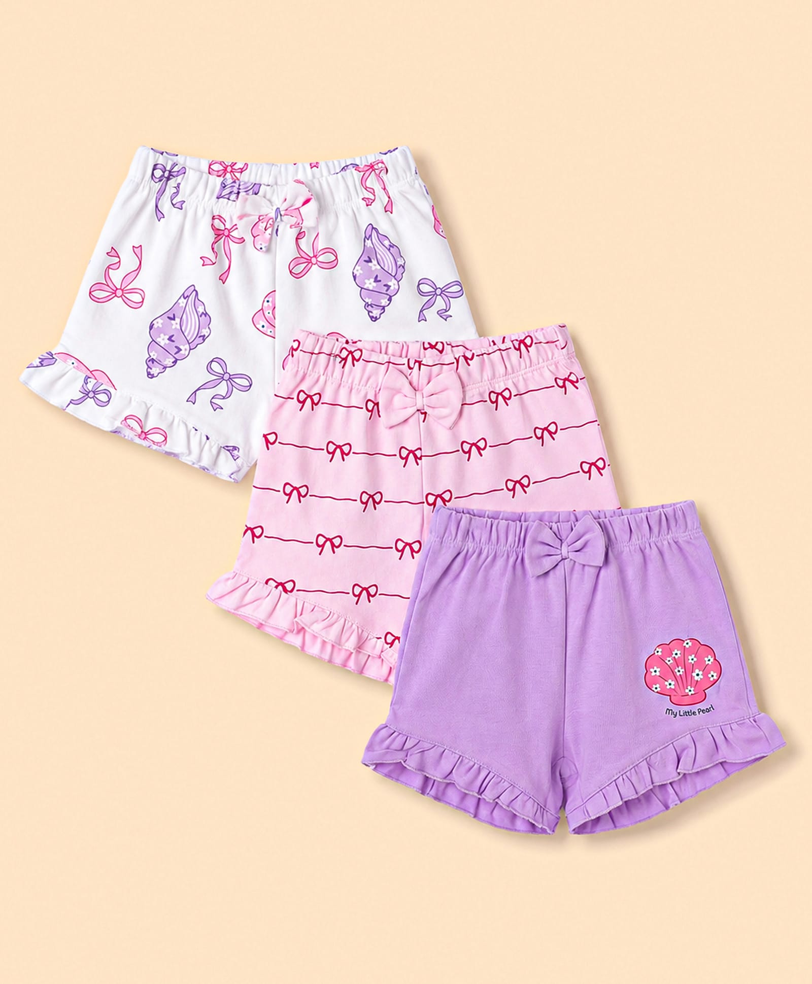 Babyoye Eco Conscious 100% Cotton Knit With Eco Jiva Finish Bow Sea Shell & Floral Printed Shorts With Bow Applique Pack of 3 - Multicolor-picture-14