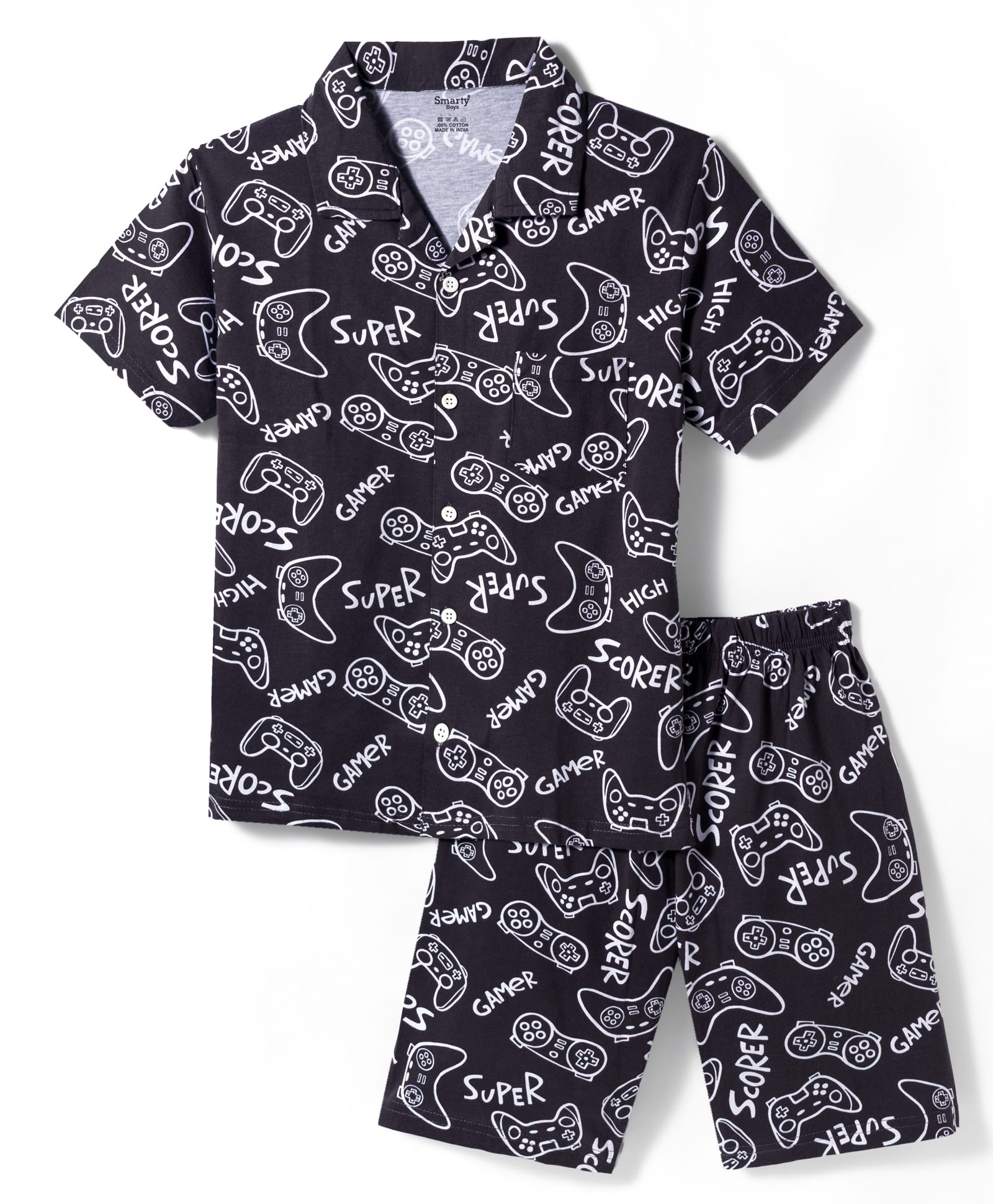 Smarty Boys Sinker Knit Half Sleeves Shorts Co-ords Night Suit With Text Print - Charcoal Grey-image-34