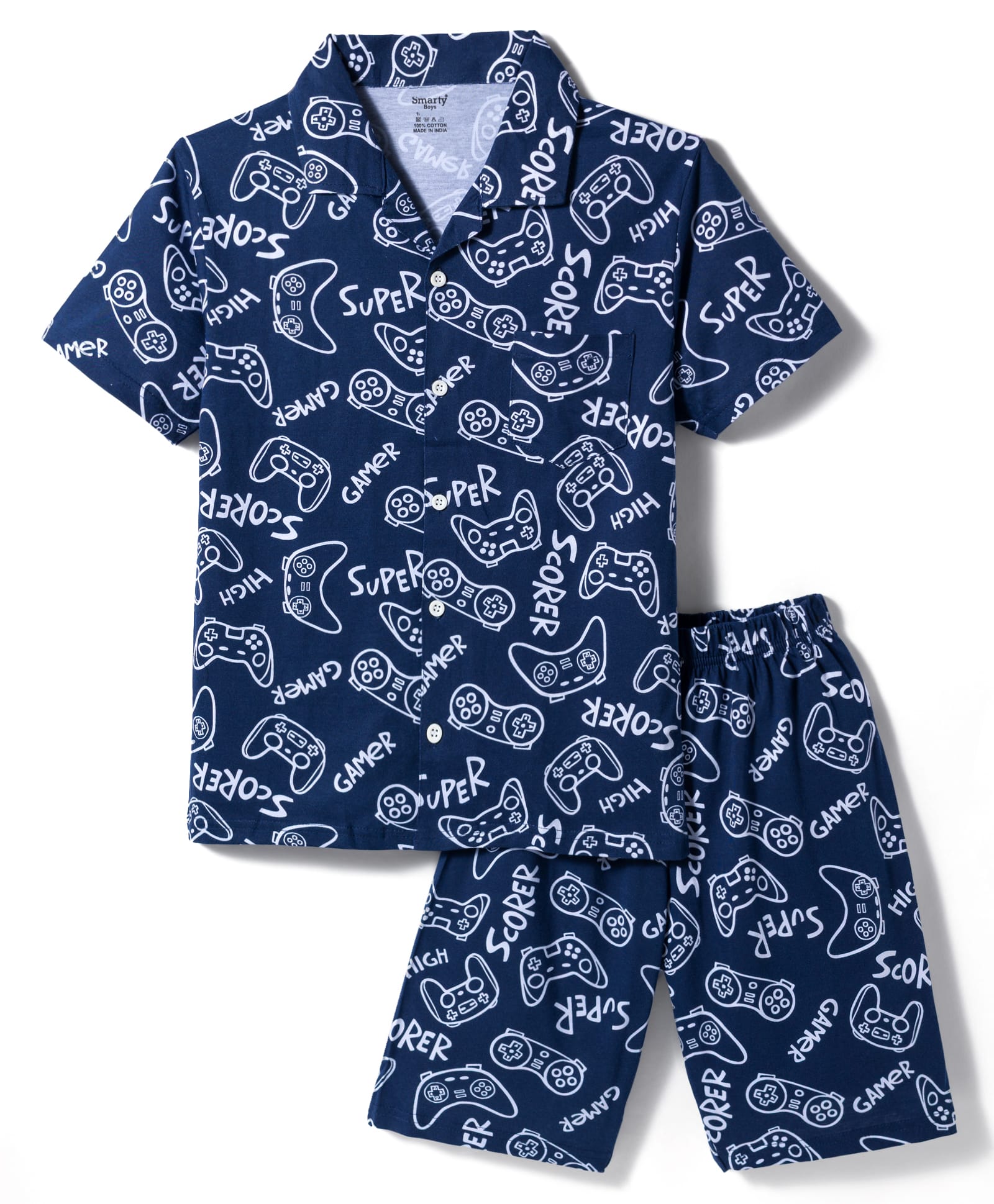 Smarty Boys Sinker Knit Half Sleeves Shorts Co-ords Night Suit With Text Print - Navy Blue-image-37