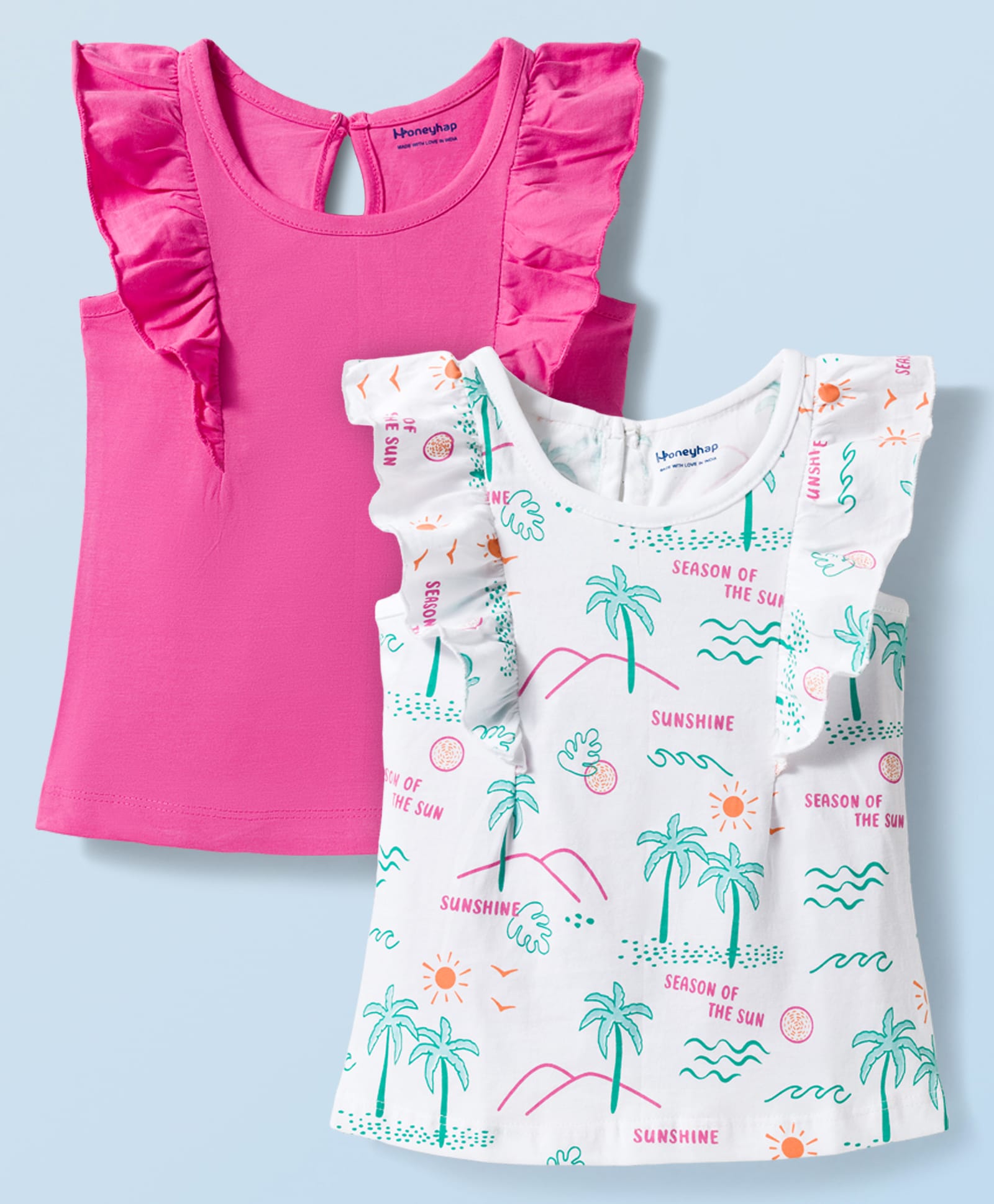 Honeyhap Premium 100% Cotton Knit Frill Sleeves Sleeveless Tops With Bio Finish & Tropical Theme Pack of 2 - Bright White & Azalea Pink-picture-22