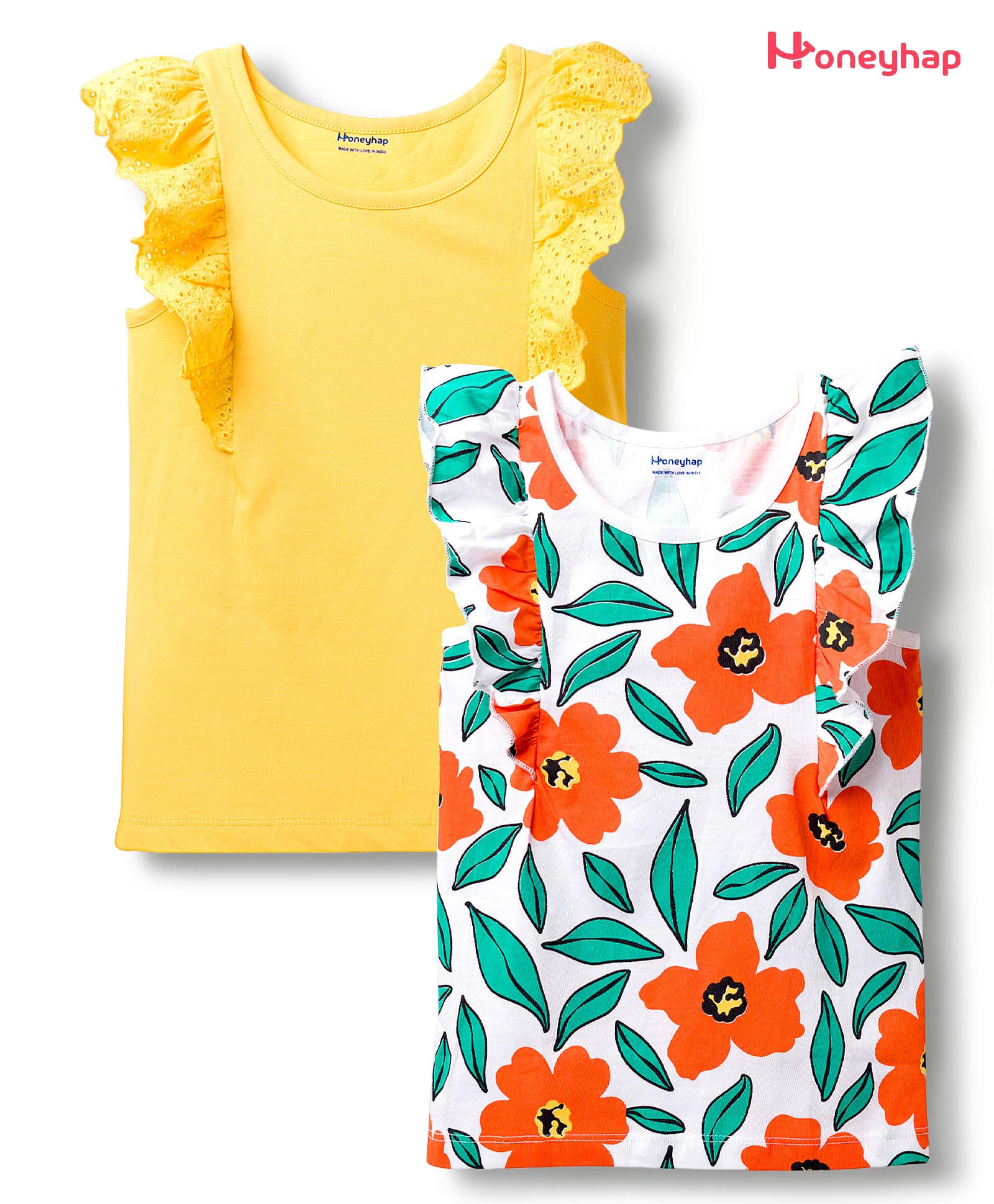 Honeyhap Premium 100% Cotton Knit Frill Sleeves Tops With Bio Finish & Floral Print Pack of 2 - Bright White & Snapdragon-picture-19