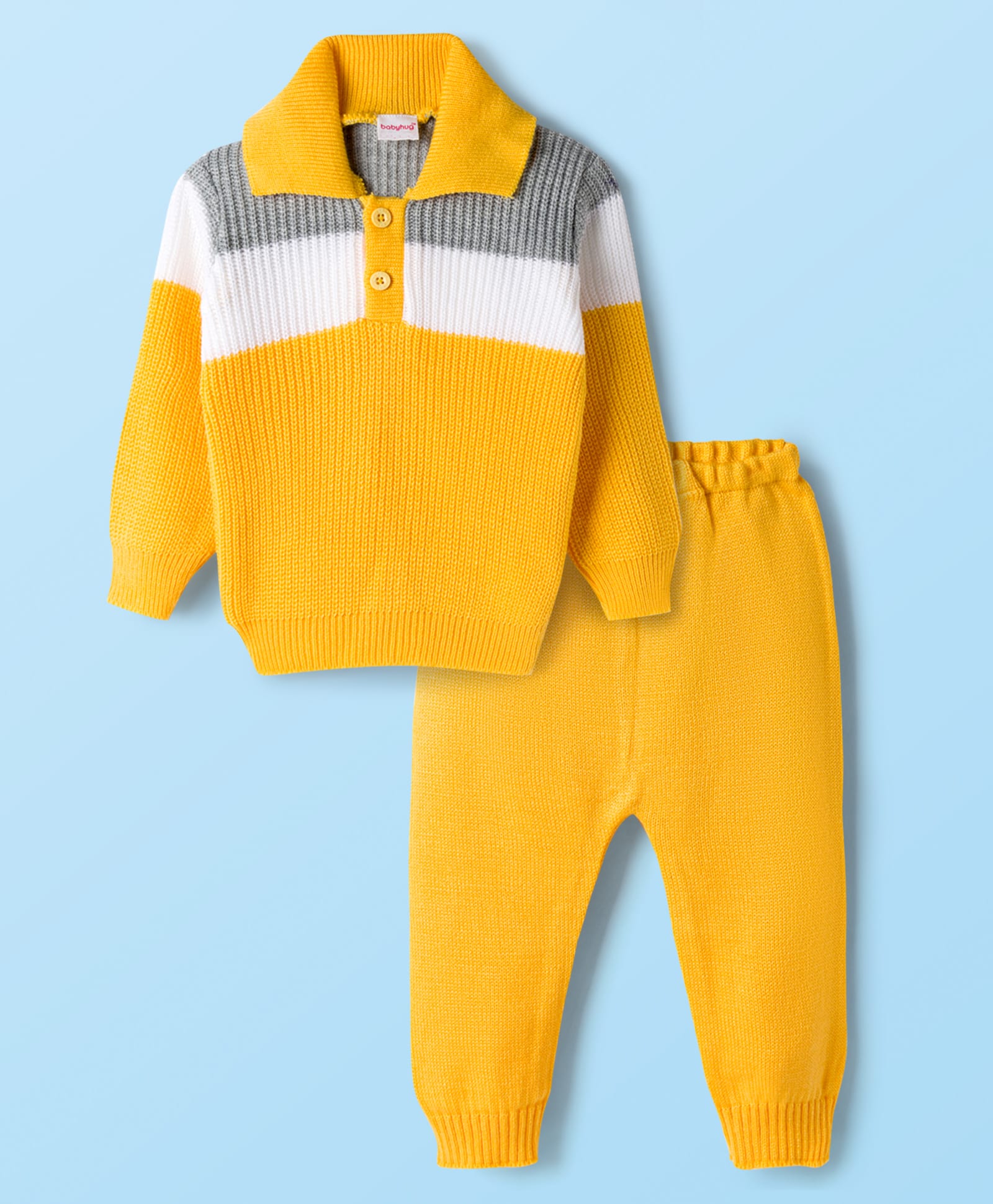 Babyhug Knit Full Sleeves Pullover Sweater Set with Color Block - Yellow-image-30