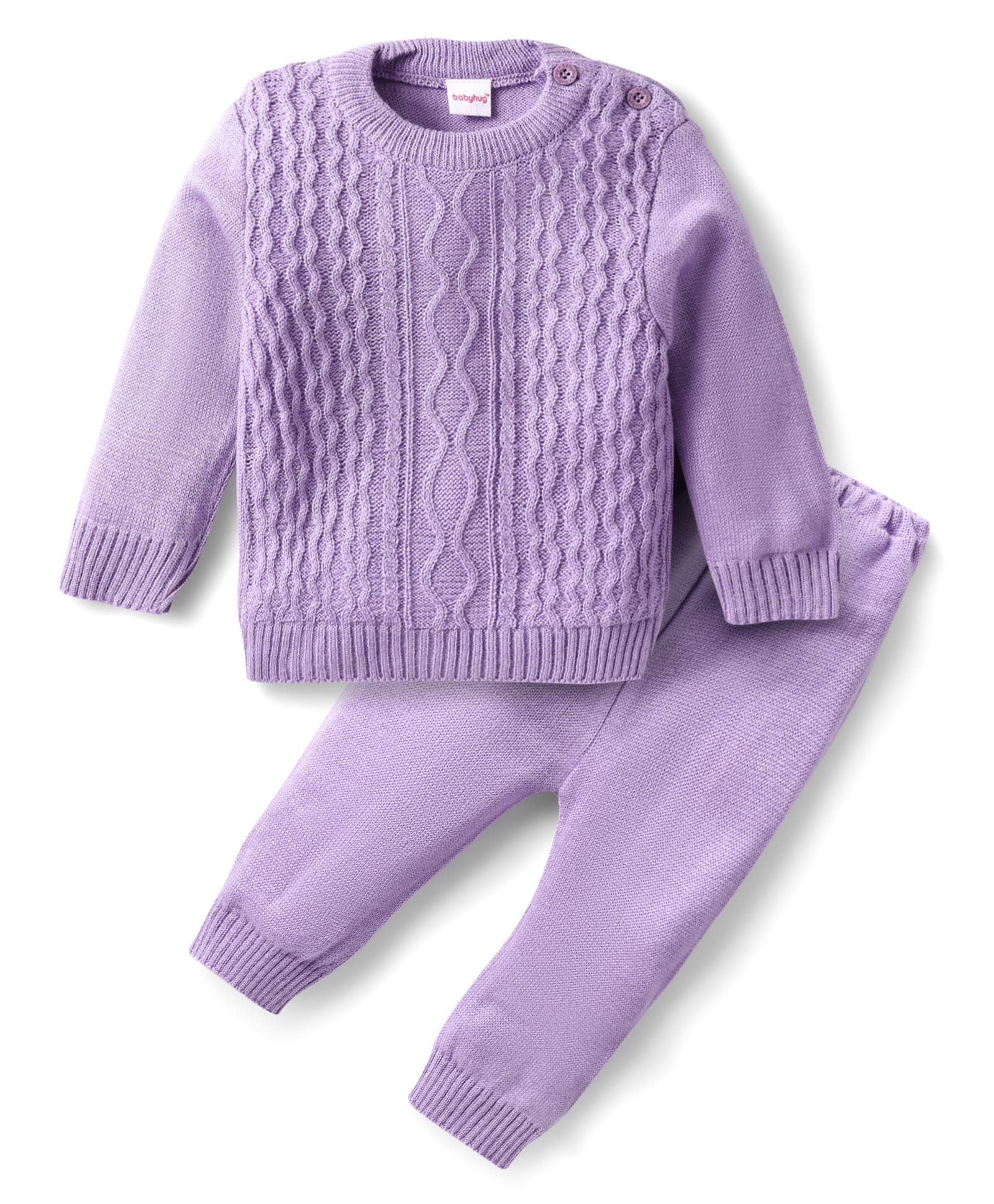 Babyhug Knit Full Sleeves Pullover Sweater Set with Cable Knit Design - Lavender-image-19