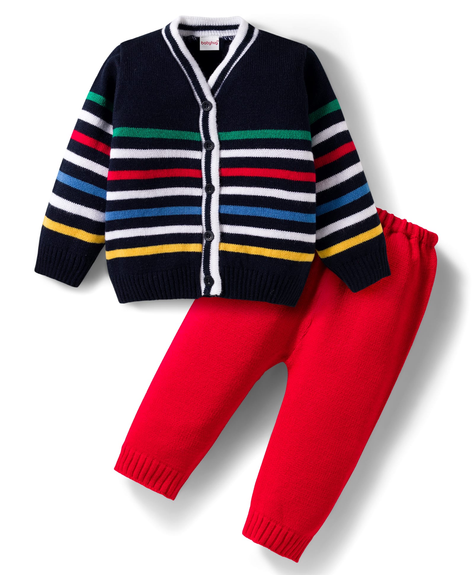 Babyhug Knit Full Sleeves Front Open Striped Sweater Set - Multicolor