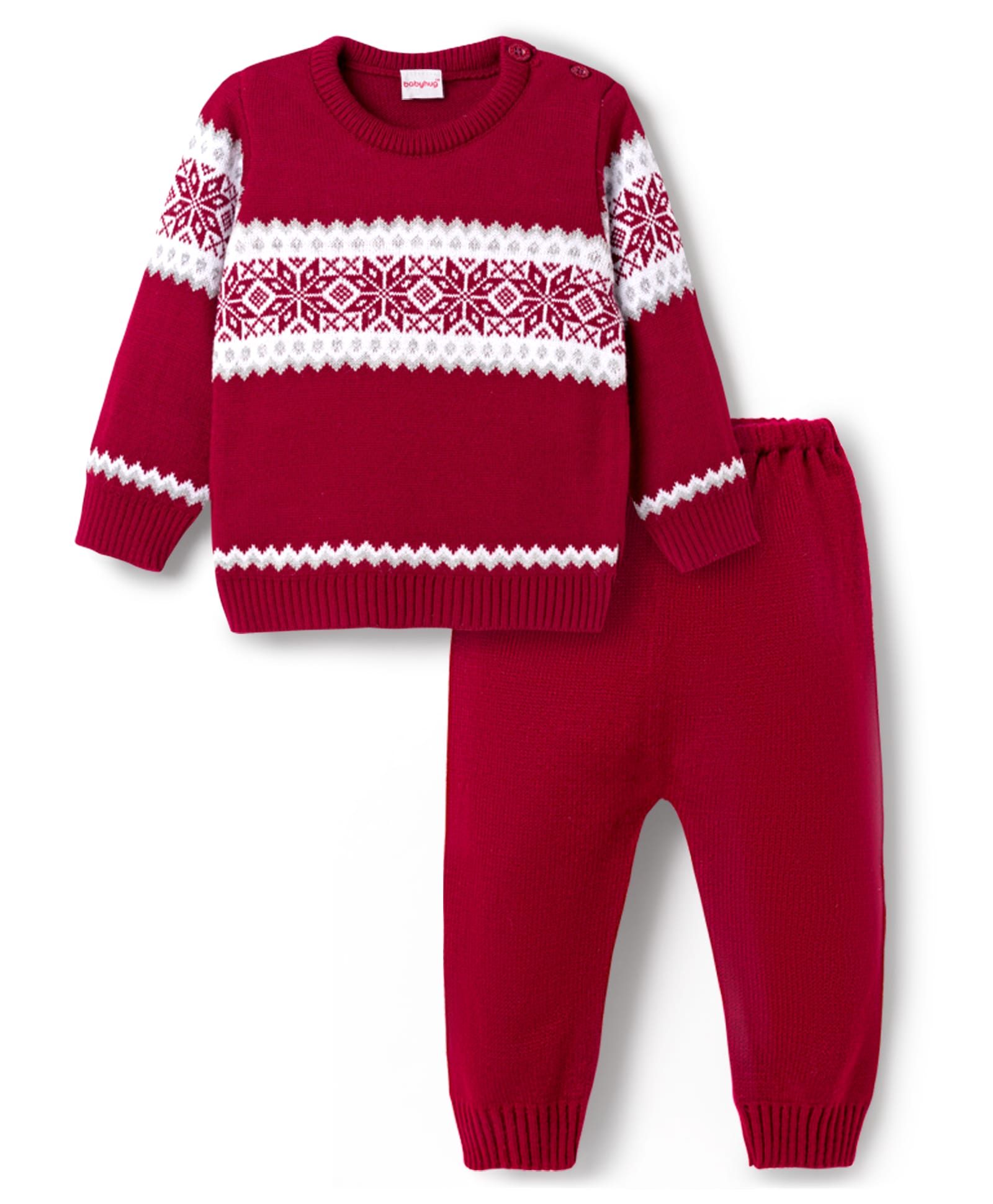 Babyhug Knit Full Sleeves Pullover Sweater Set with Aztec Design - Red-image-49