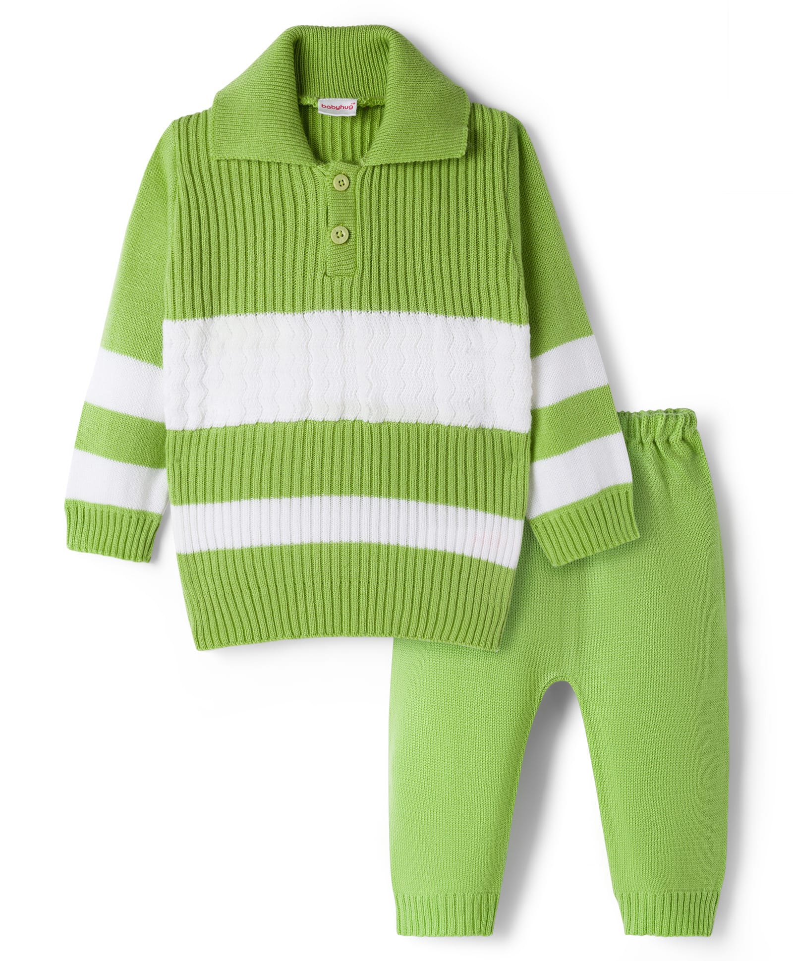 Babyhug Knit Full Sleeves Striped Sweater Set - Green-image-45