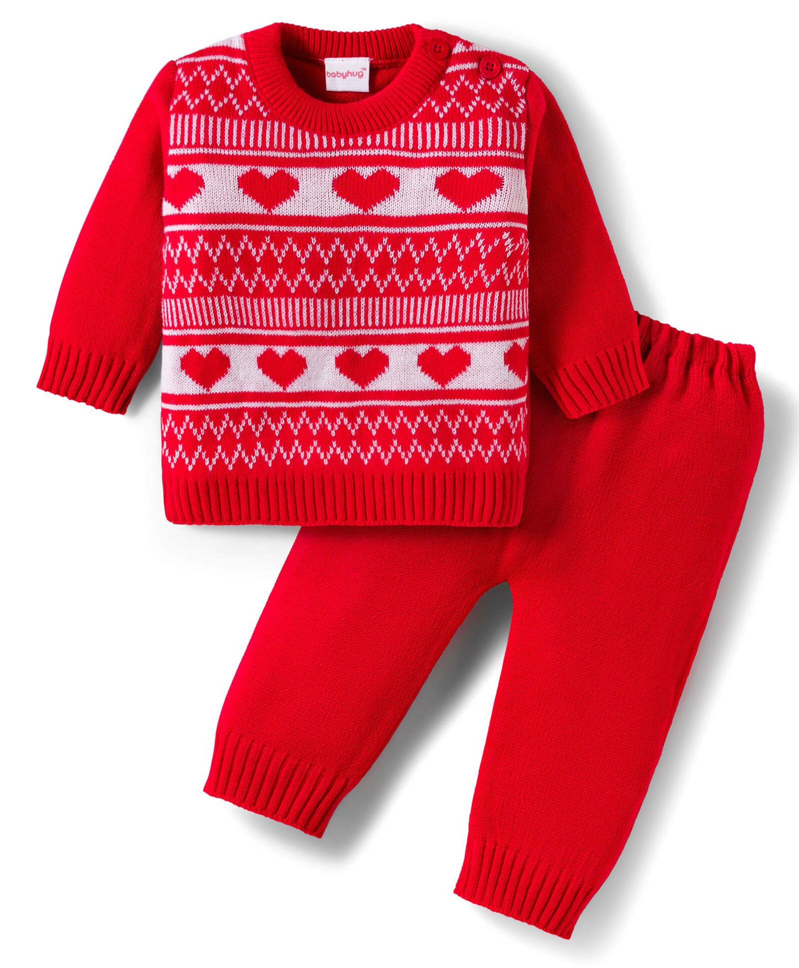 Babyhug Knitted Full Sleeves Sweater Set With Heart Design - Red-picture-22