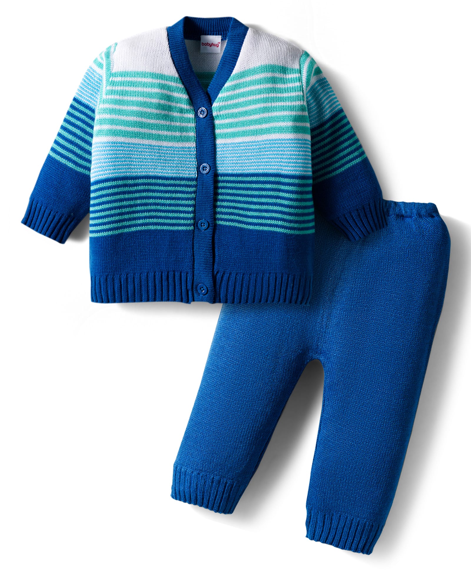 Babyhug Knit Full Sleeves Front Open Striped Sweater Set - Blue-image-9