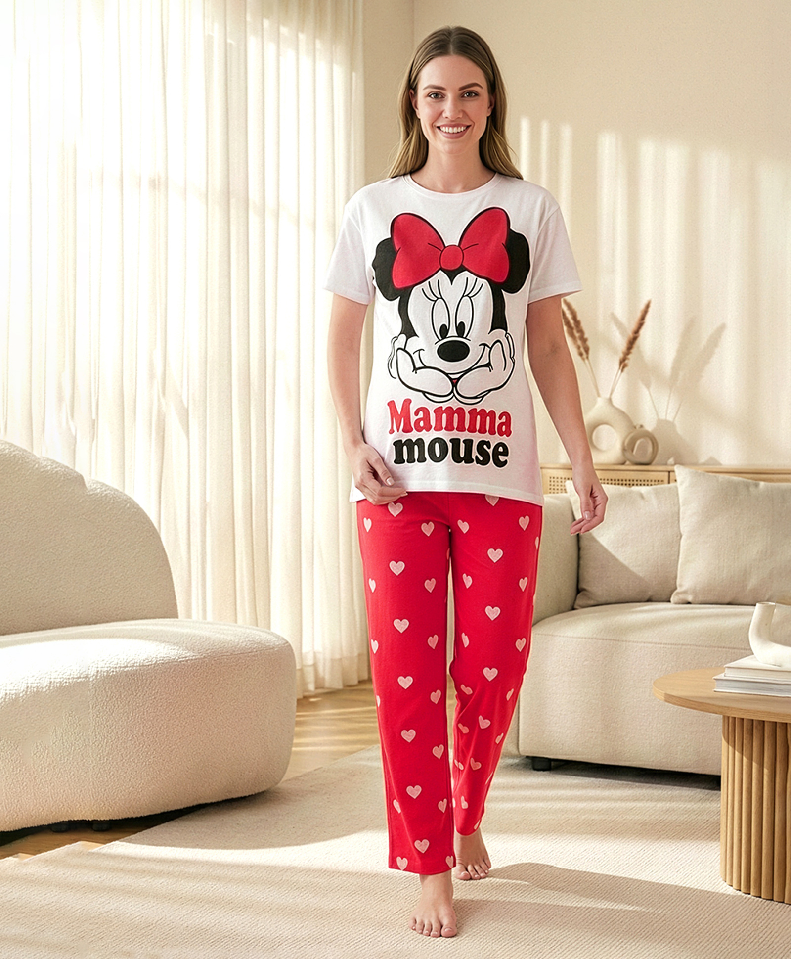 Bella Mama Disney Cotton Knit Drop Shoulder Half Sleeves Maternity Night Suit with Minnie Mouse Graphic - Red & White-image-7
