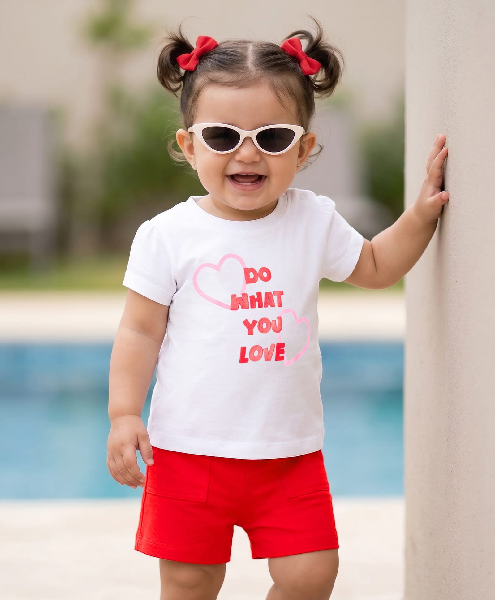 Doodle Poodle 100% Cotton Single Jersey Knit Half Sleeves Top & Shorts Set With Text Print - White & Red-picture-11